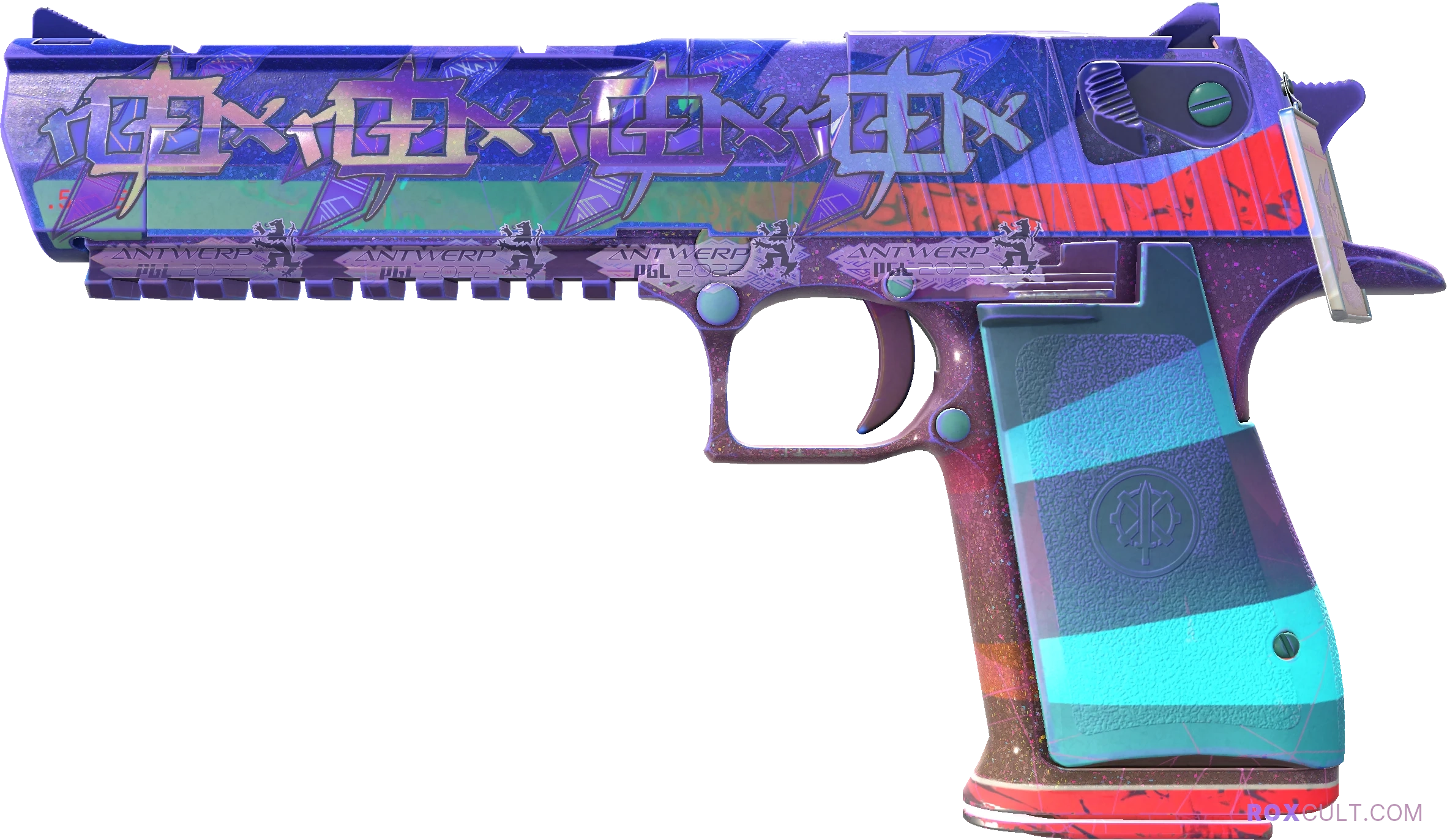 Desert Eagle | Starcade (Factory New) — rox (Holo) Antwerp 2022 craft, playside view with 4 rox (Holo) stickers