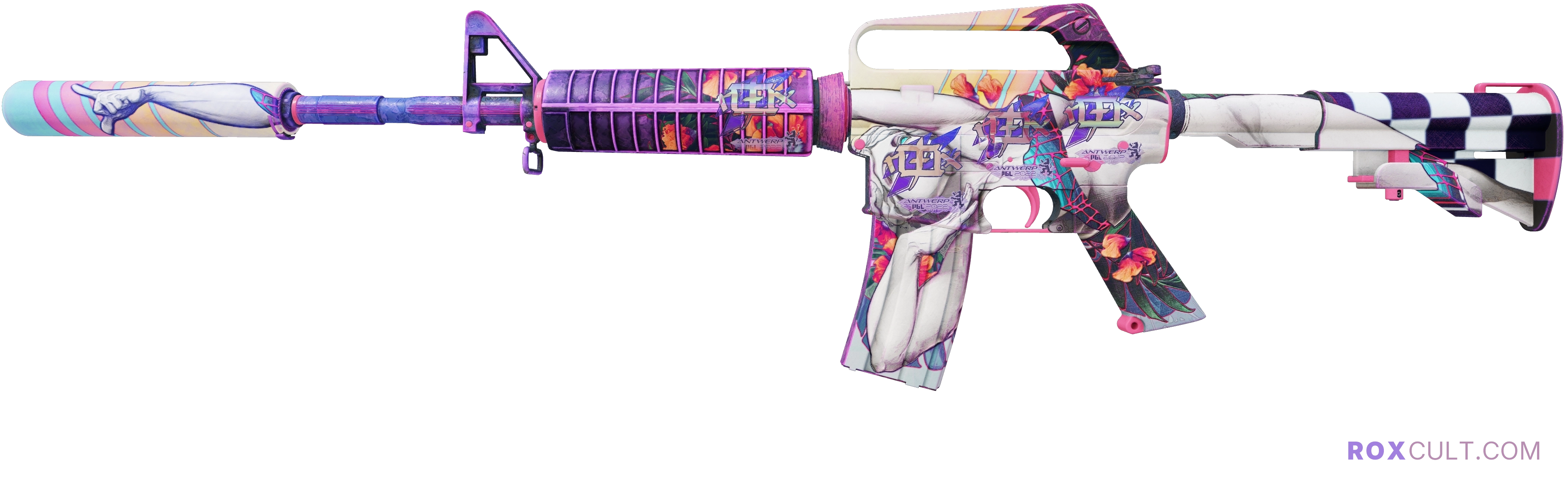 M4A1-S | Vaporwave (Factory New) — rox (Holo) Antwerp 2022 craft, playside view with 4 rox (Holo) stickers