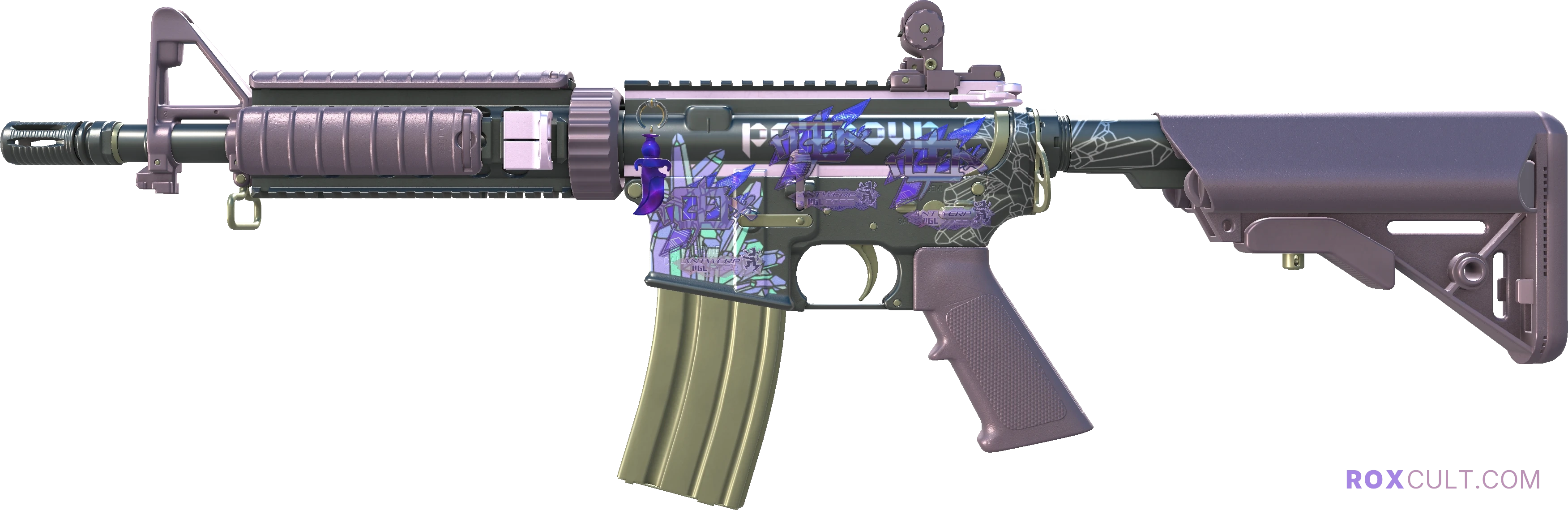 M4A4 | Polysoup (Factory New) — rox (Holo) Antwerp 2022 craft, playside view with 3 rox (Holo) stickers