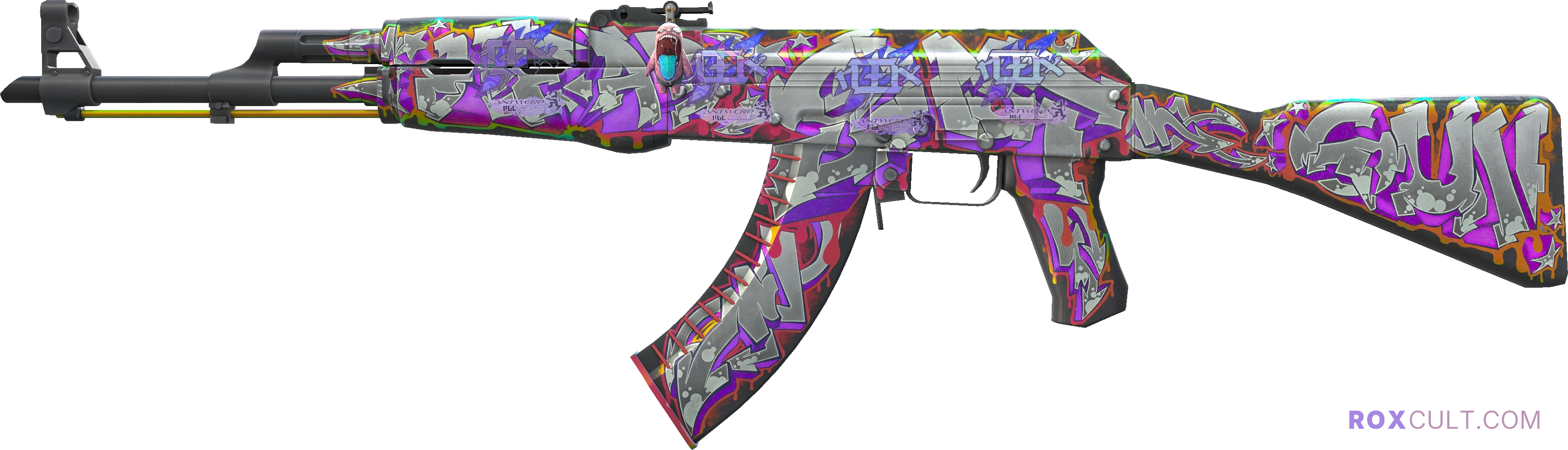 AK-47 | Head Shot (Factory New) — rox (Holo) Antwerp 2022 craft, playside view with 4 rox (Holo) stickers