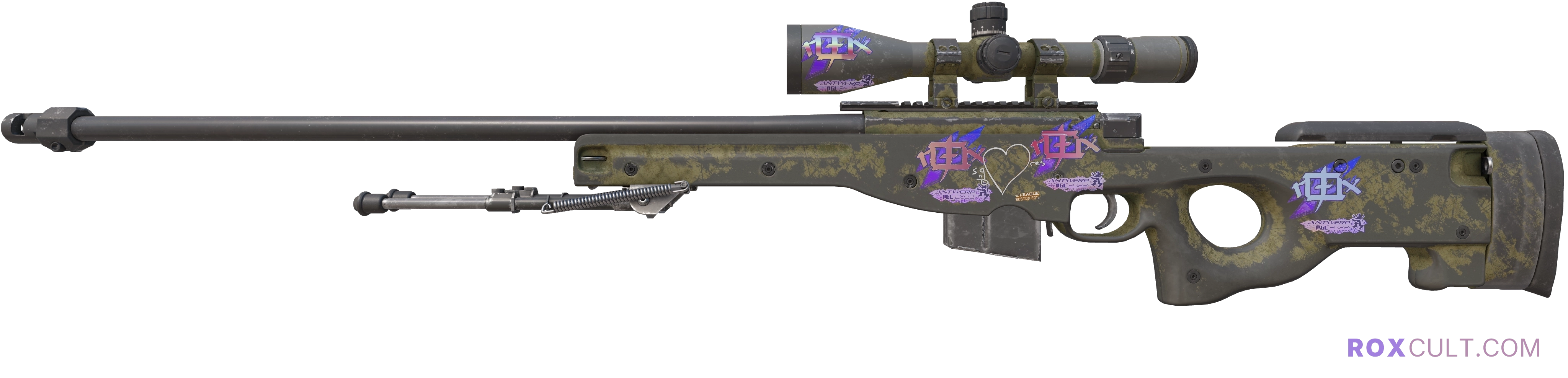 AWP | Safari Mesh (Battle-Scarred) — rox (Holo) Antwerp 2022 craft, playside view with 4 rox (Holo) stickers