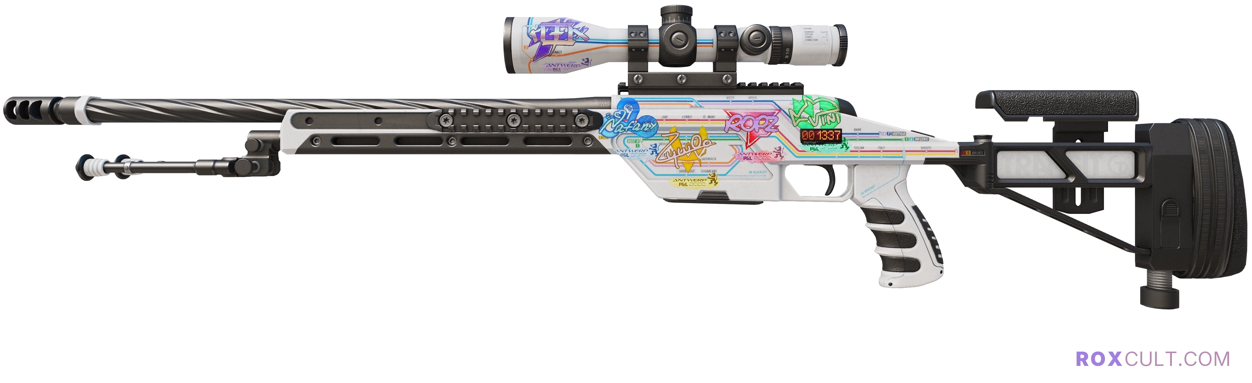 StatTrak™ SSG 08 | Rapid Transit (Factory New) — rox (Holo) Antwerp 2022 craft, playside view with 1 rox (Holo) sticker