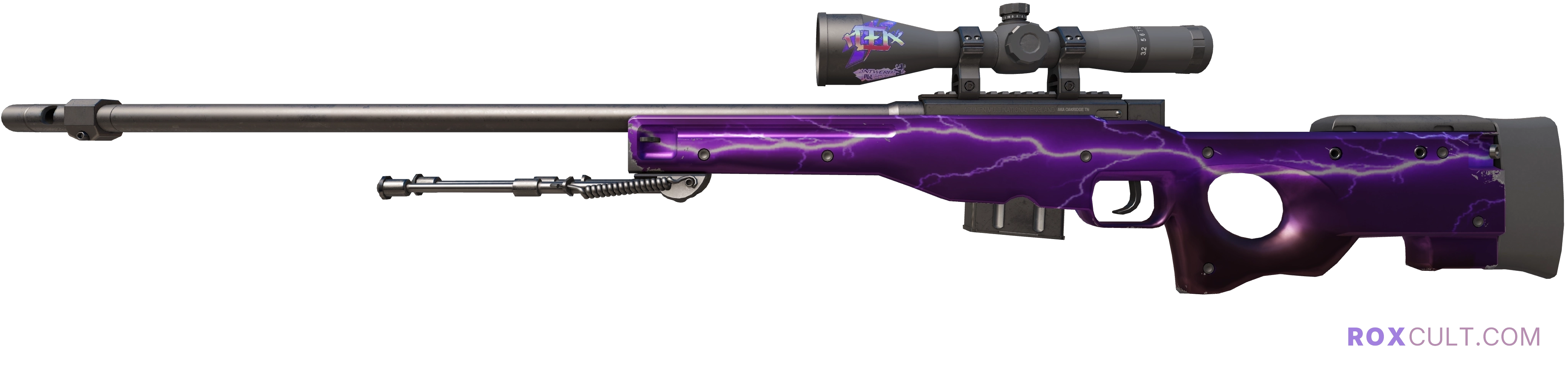 AWP | Lightning Strike (Factory New) — rox (Holo) Antwerp 2022 craft, playside view with 1 rox (Holo) sticker