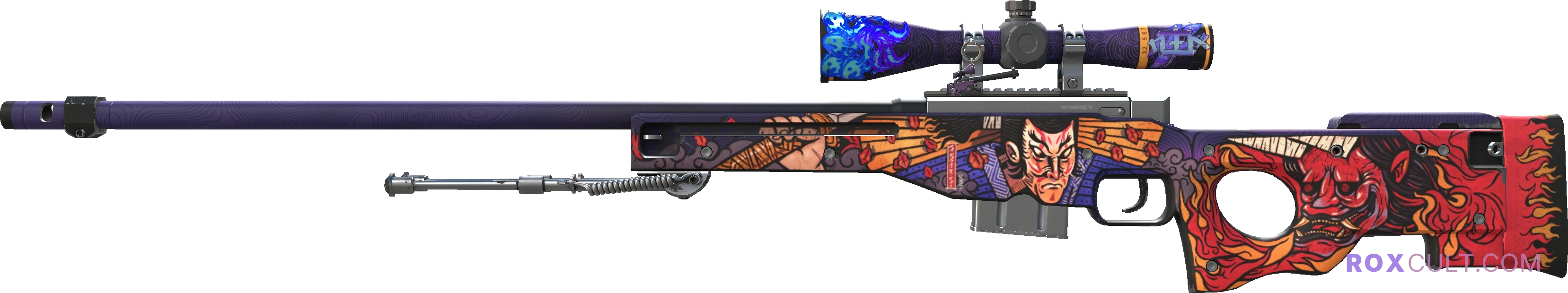 AWP | Oni Taiji (Minimal Wear) — rox (Holo) Antwerp 2022 craft, playside view with 1 rox (Holo) sticker