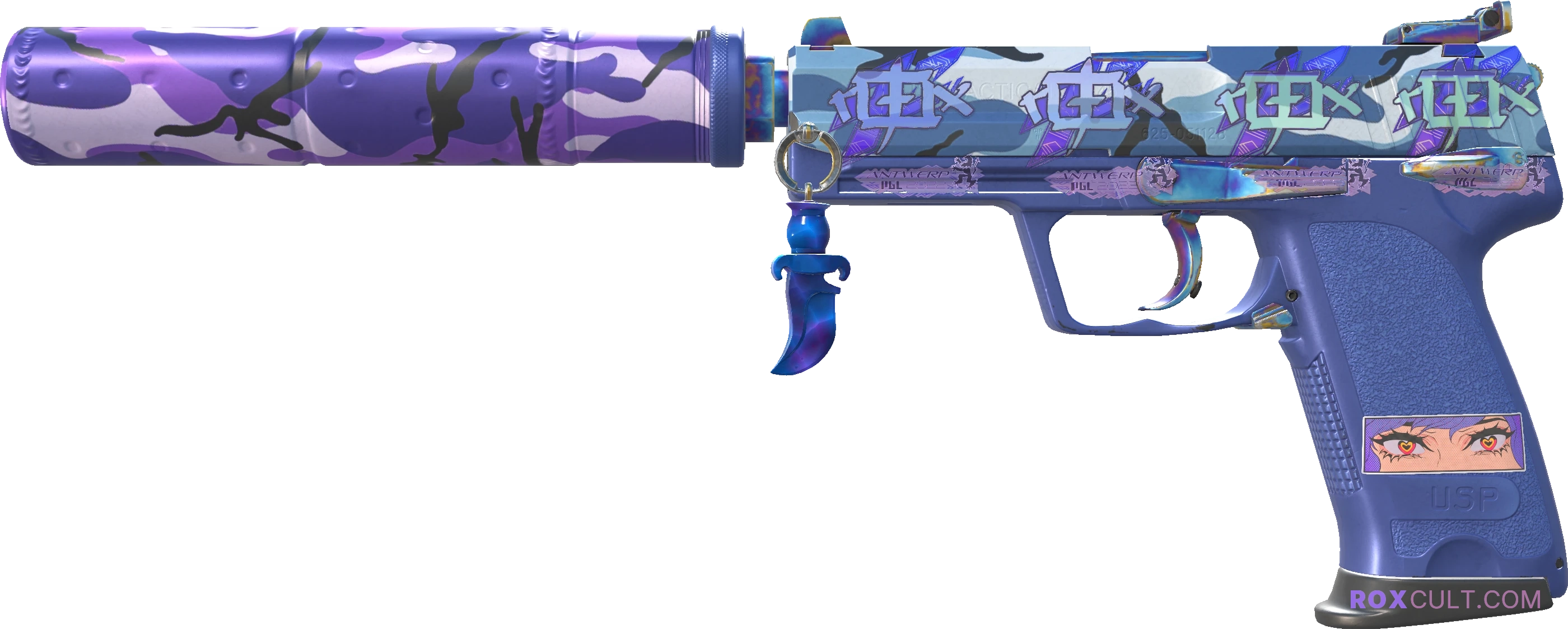 USP-S | Alpine Camo (Factory New) — rox (Holo) Antwerp 2022 craft, playside view with 4 rox (Holo) stickers