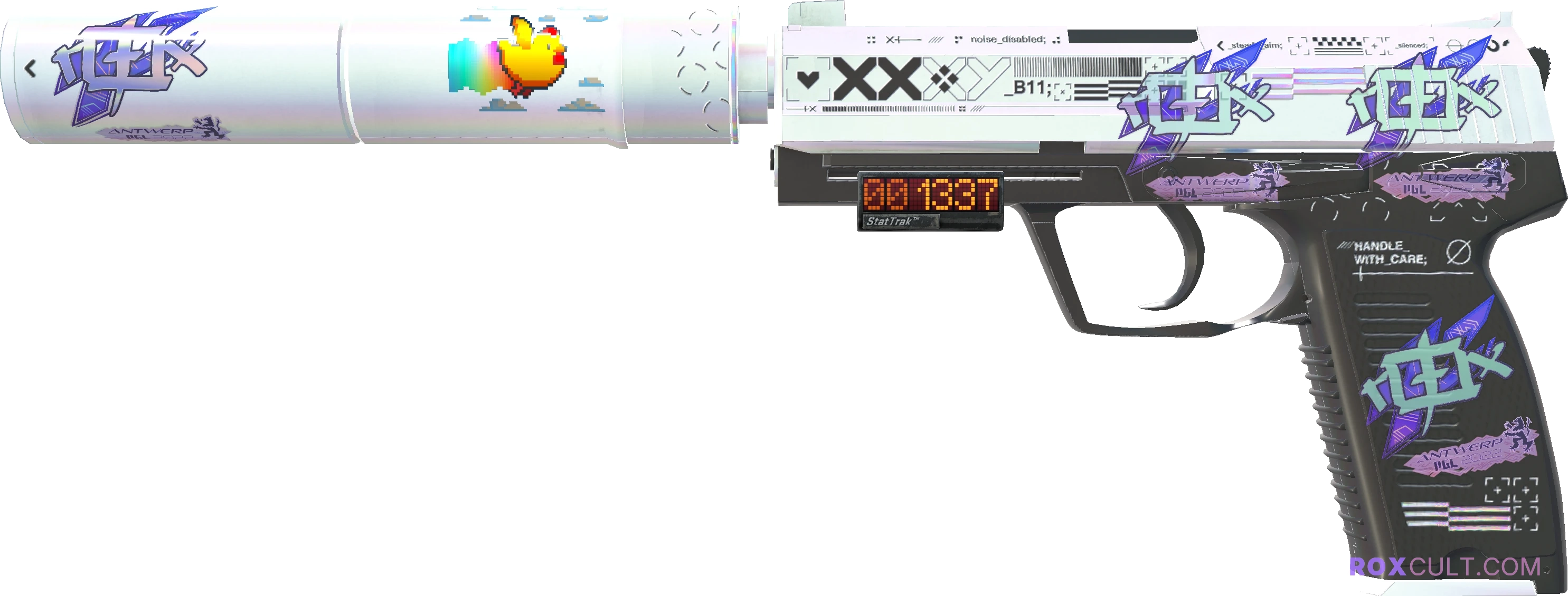StatTrak™ USP-S | Printstream (Factory New) — rox (Holo) Antwerp 2022 craft, playside view with 4 rox (Holo) stickers