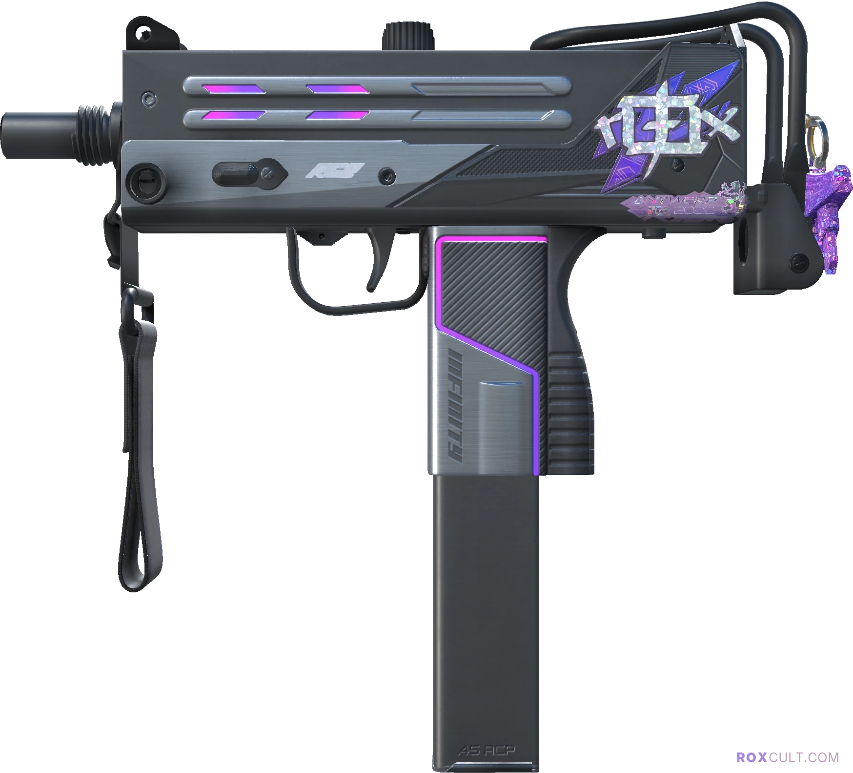 MAC-10 | Light Box (Factory New) — rox (Holo) Antwerp 2022 craft, playside view with 1 rox (Holo) sticker