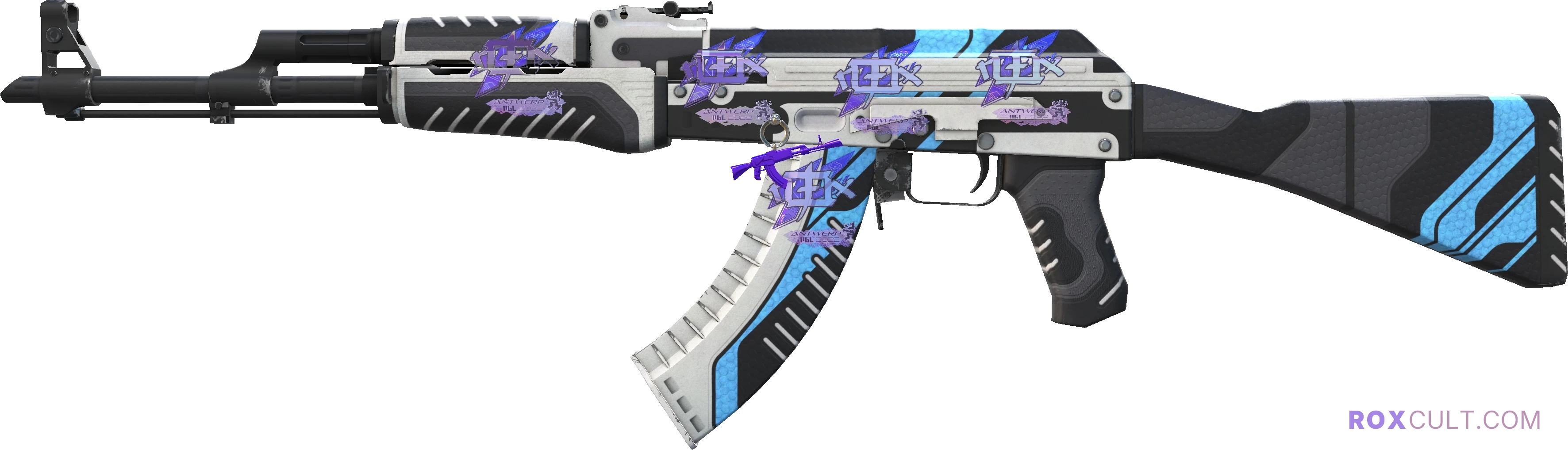 AK-47 | Vulcan (Factory New) — rox (Holo) Antwerp 2022 craft, playside view with 5 rox (Holo) stickers