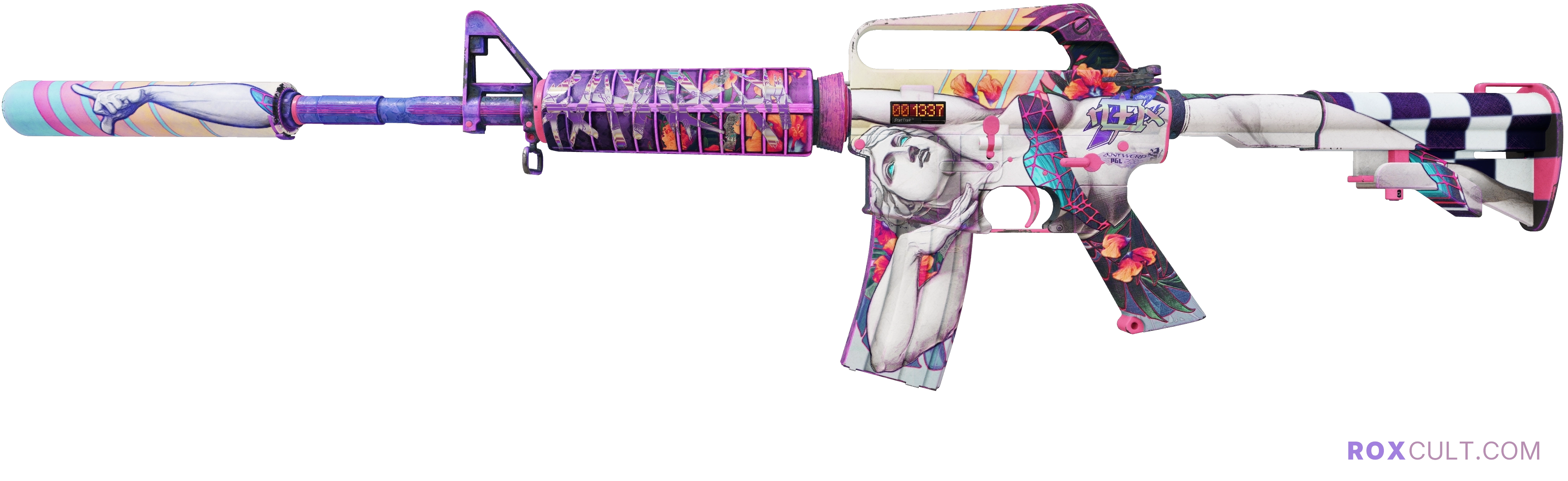 StatTrak™ M4A1-S | Vaporwave (Field-Tested) — rox (Holo) Antwerp 2022 craft, playside view with 1 rox (Holo) sticker