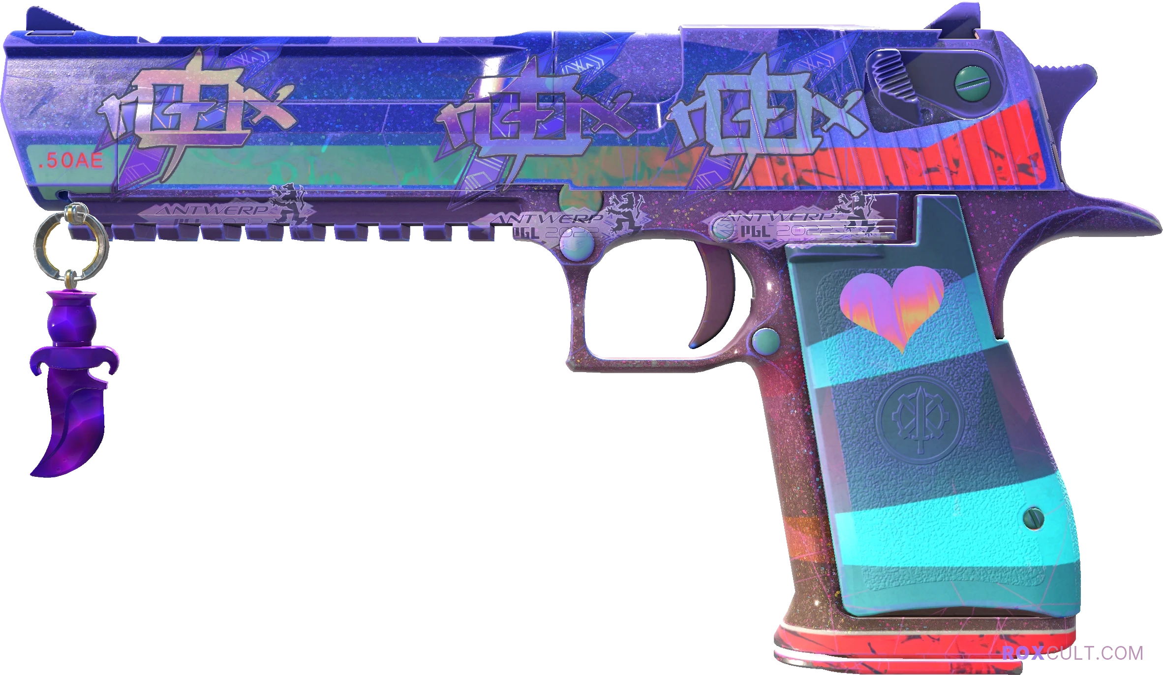 Desert Eagle | Starcade (Factory New) — rox (Holo) Antwerp 2022 craft, playside view with 3 rox (Holo) stickers