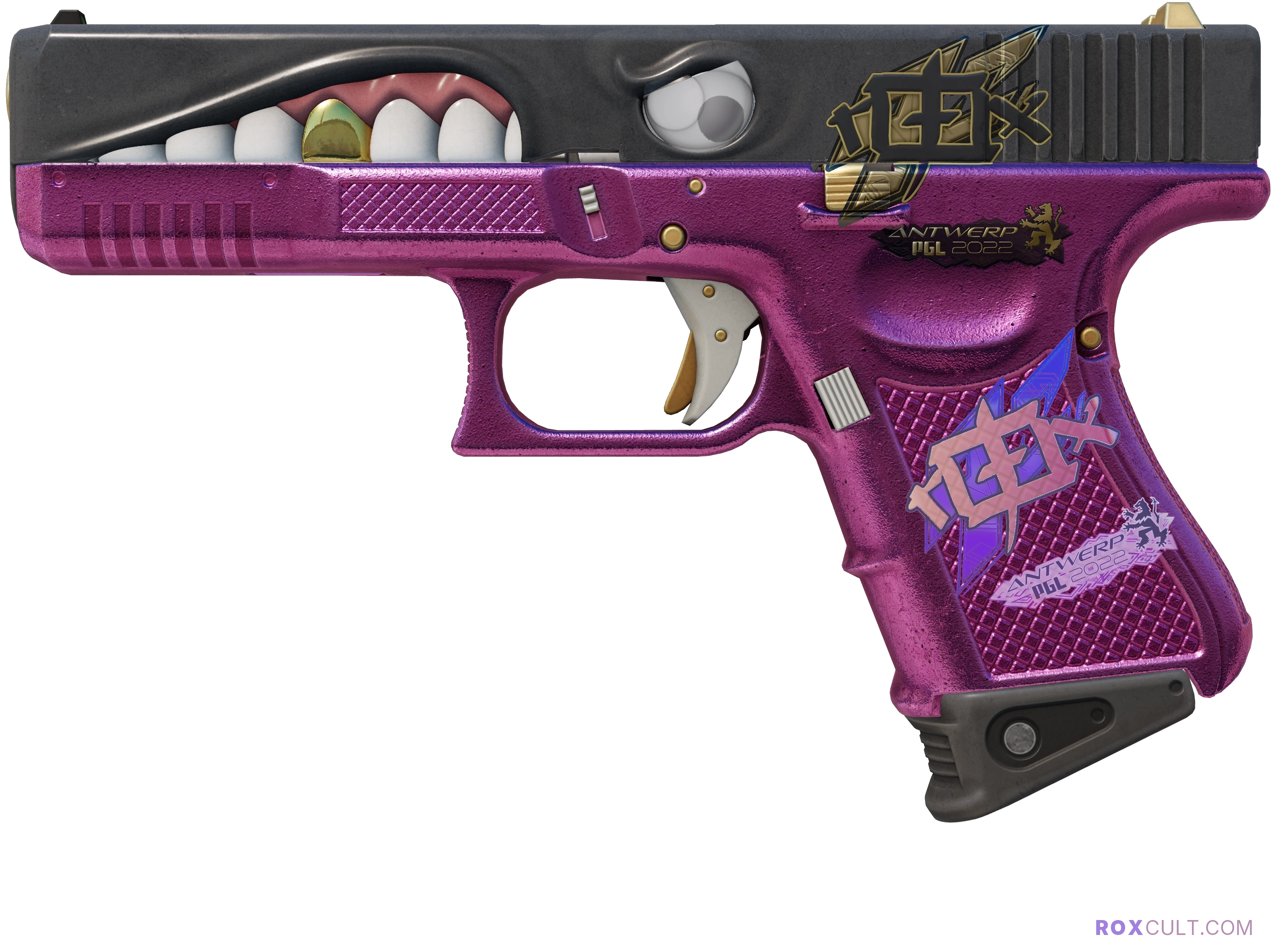 Glock-18 | Gold Toof (Factory New) — rox (Holo) Antwerp 2022 craft, playside view with 1 rox (Holo) sticker