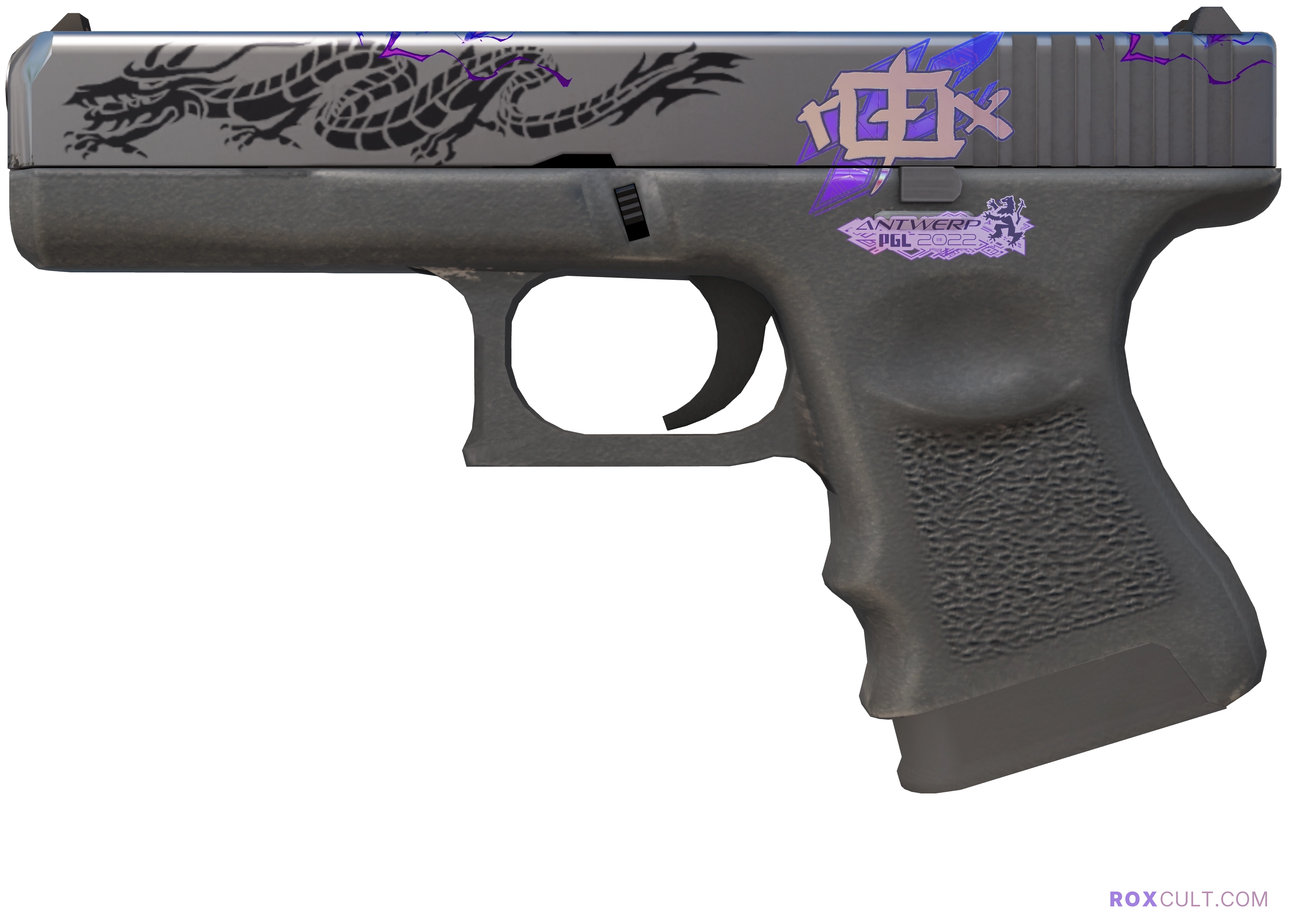 Glock-18 | Dragon Tattoo (Factory New) — rox (Holo) Antwerp 2022 craft, playside view with 1 rox (Holo) sticker