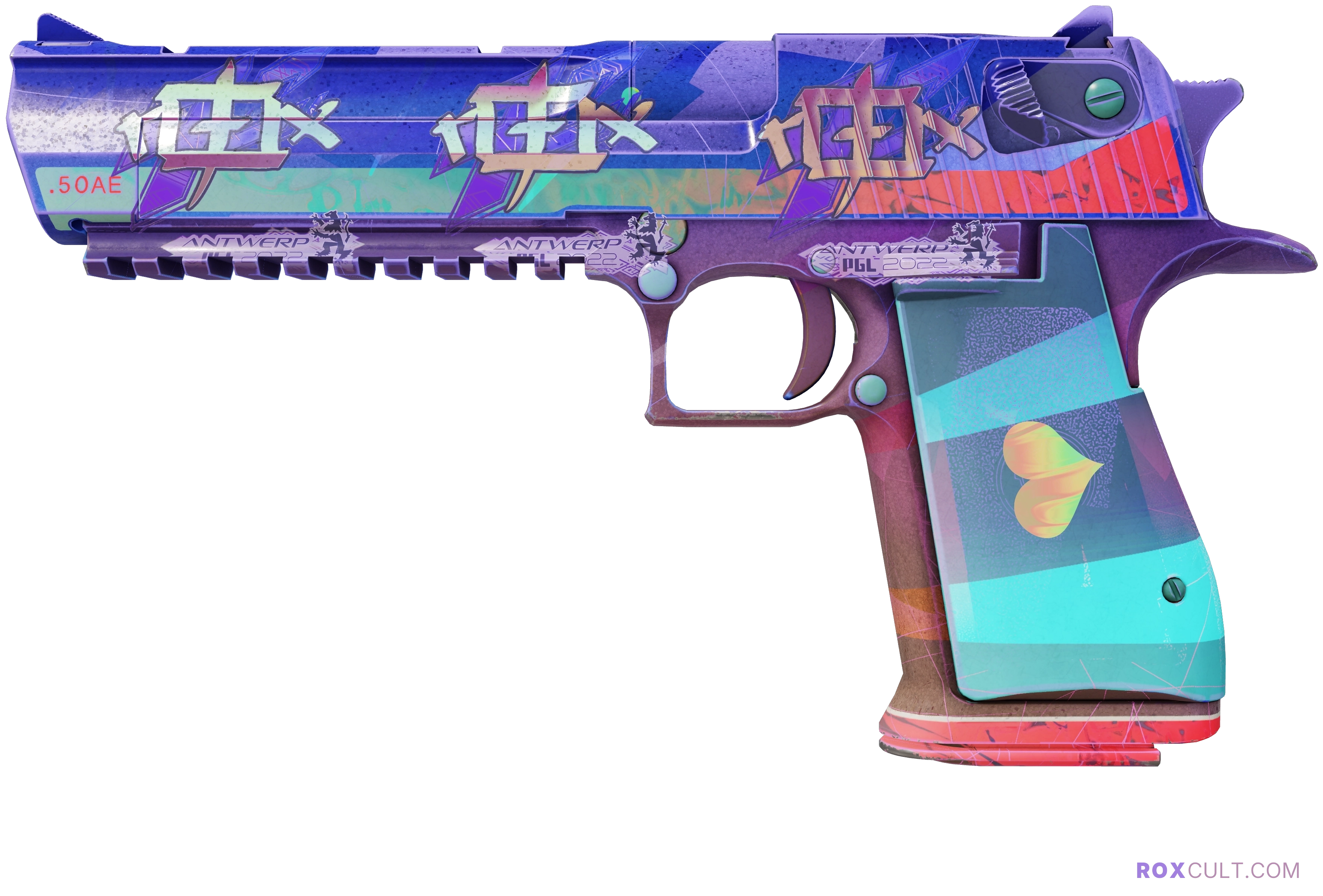 Desert Eagle | Starcade (Factory New) — rox (Holo) Antwerp 2022 craft, playside view with 3 rox (Holo) stickers