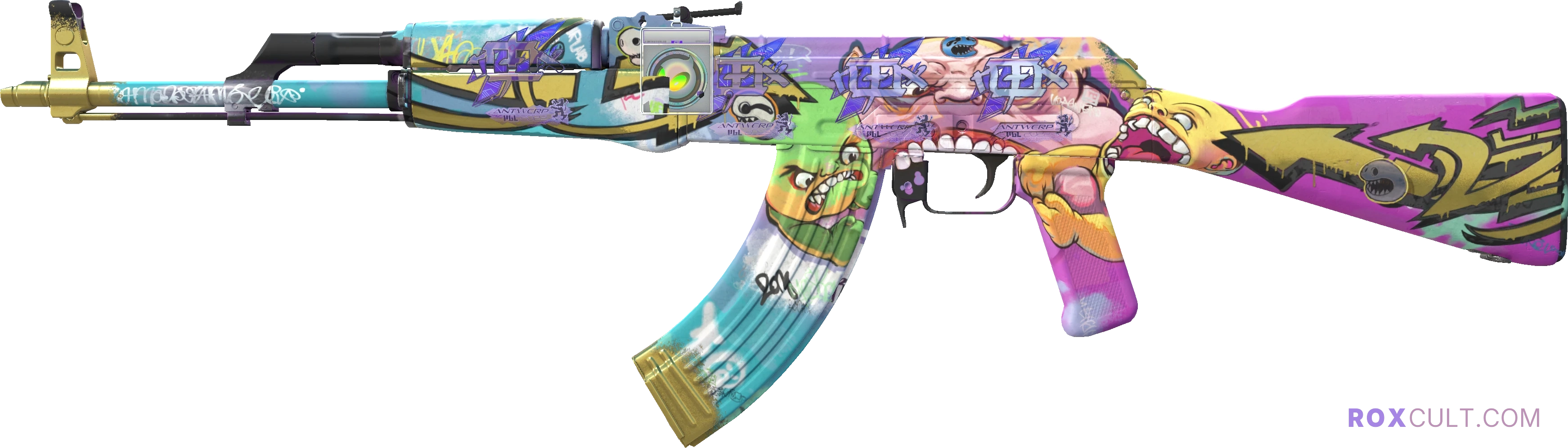 AK-47 | B the Monster (Factory New) — rox (Holo) Antwerp 2022 craft, playside view with 4 rox (Holo) stickers
