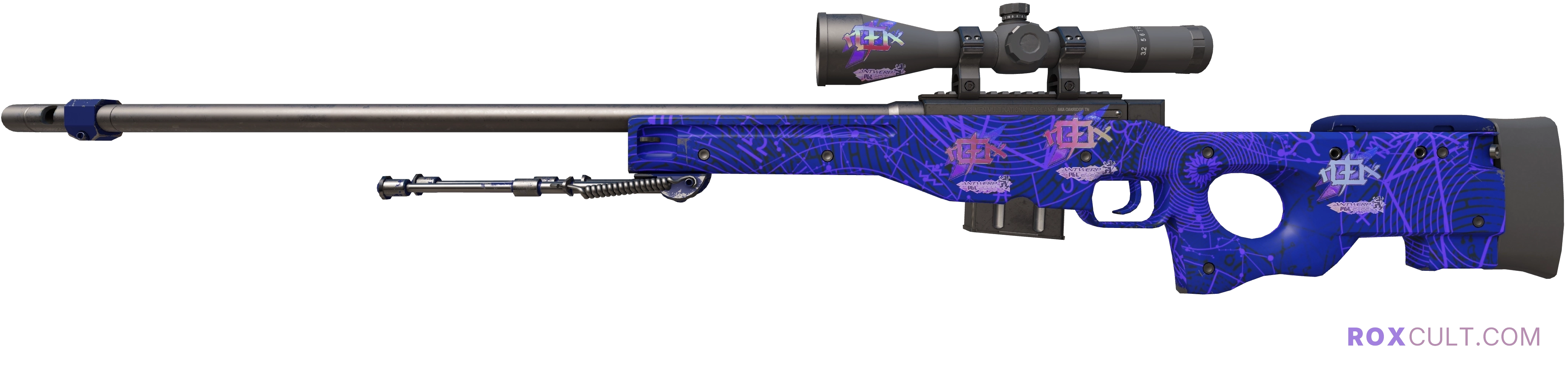 AWP | Sun in Leo (Factory New) — rox (Holo) Antwerp 2022 craft, playside view with 4 rox (Holo) stickers