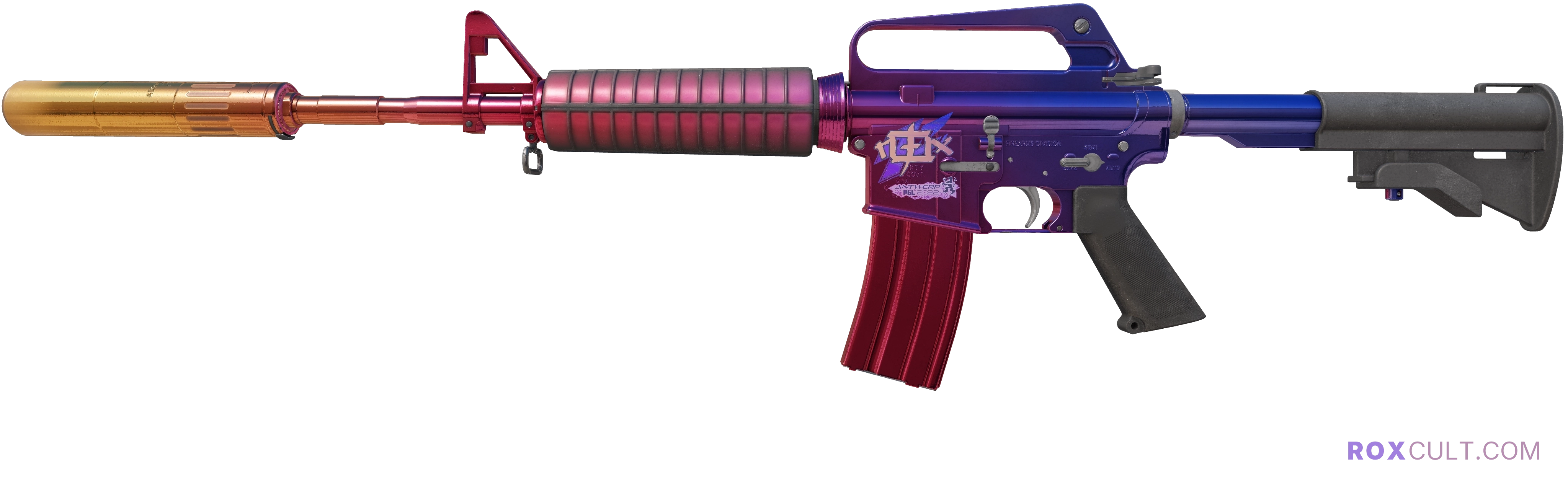 M4A1-S | Fade (Factory New) — rox (Holo) Antwerp 2022 craft, playside view with 1 rox (Holo) sticker