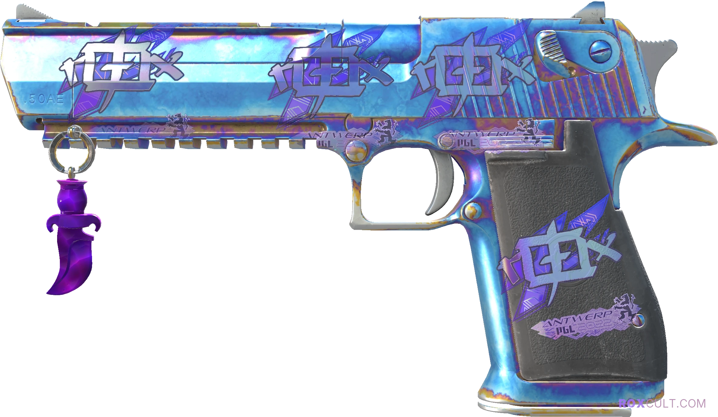 Desert Eagle | Heat Treated (Minimal Wear) — rox (Holo) Antwerp 2022 craft, playside view with 4 rox (Holo) stickers
