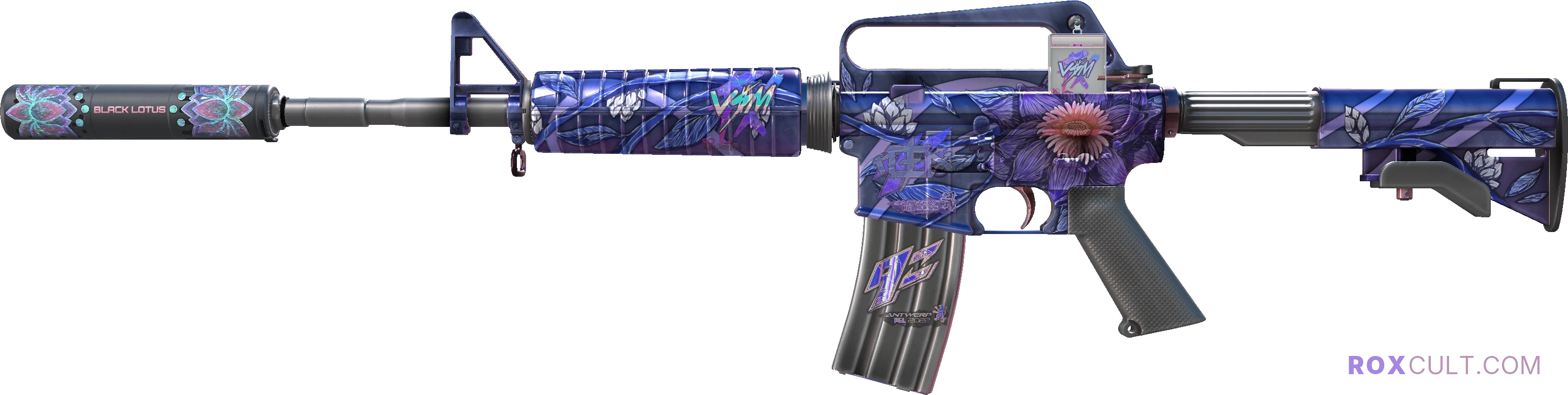 M4A1-S | Black Lotus (Factory New) — rox (Holo) Antwerp 2022 craft, playside view with 1 rox (Holo) sticker