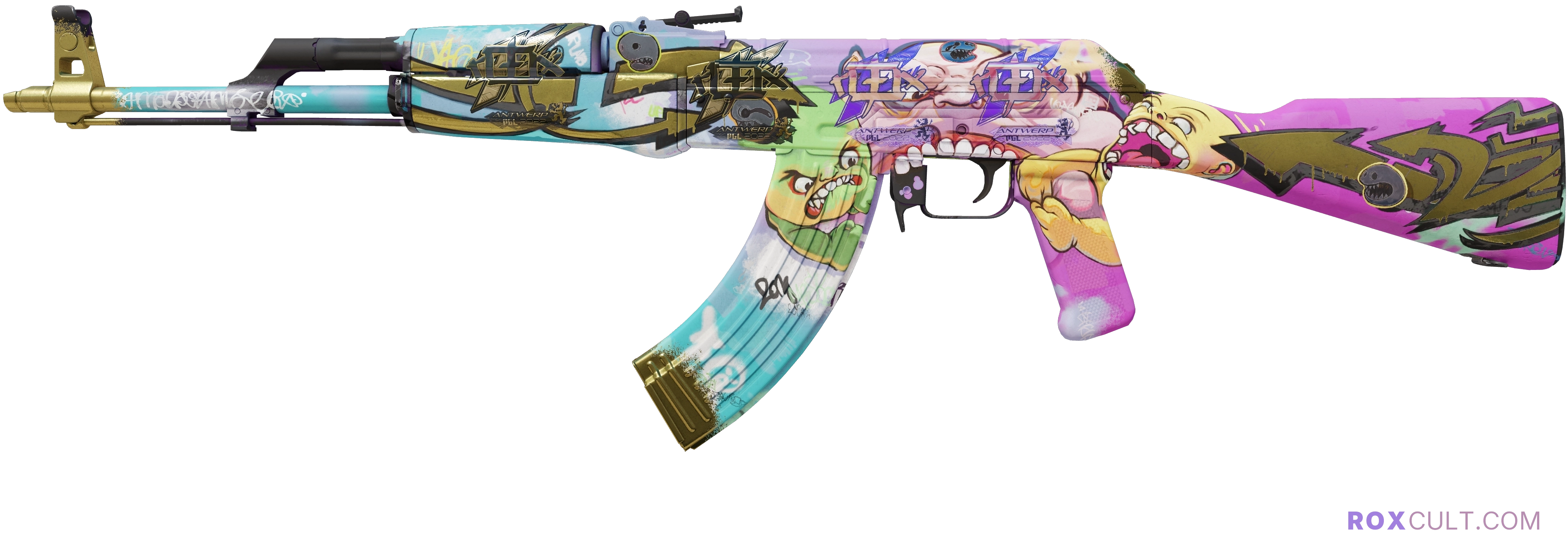 AK-47 | B the Monster (Factory New) — rox (Holo) Antwerp 2022 craft, playside view with 2 rox (Holo) stickers