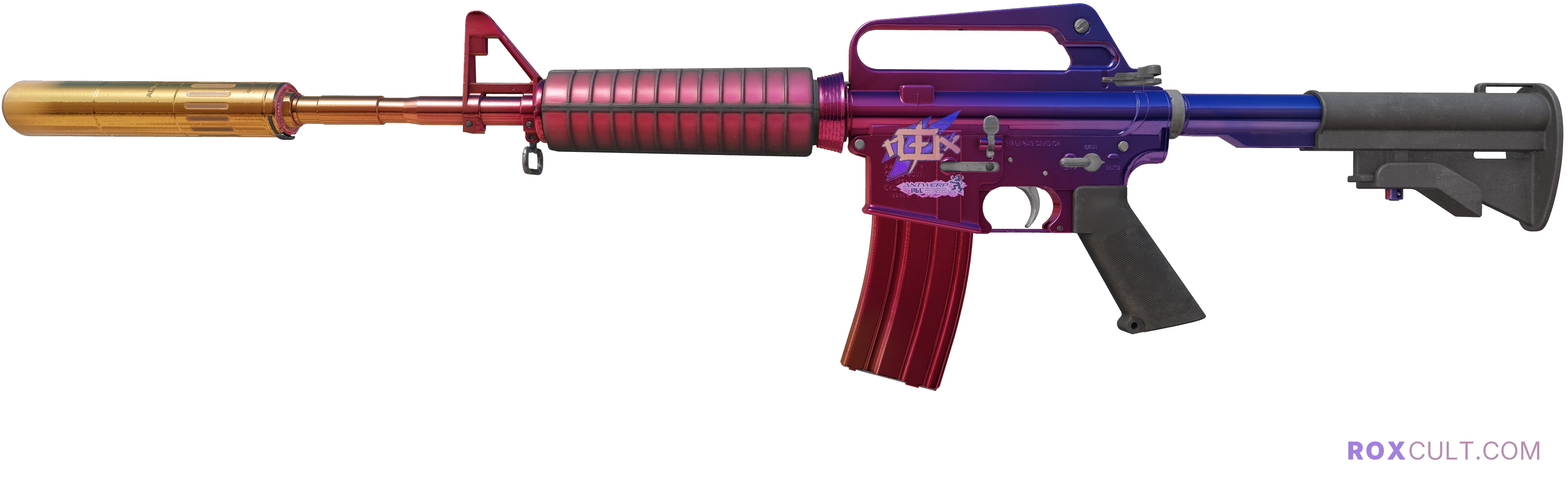 M4A1-S | Fade (Factory New) — rox (Holo) Antwerp 2022 craft, playside view with 1 rox (Holo) sticker