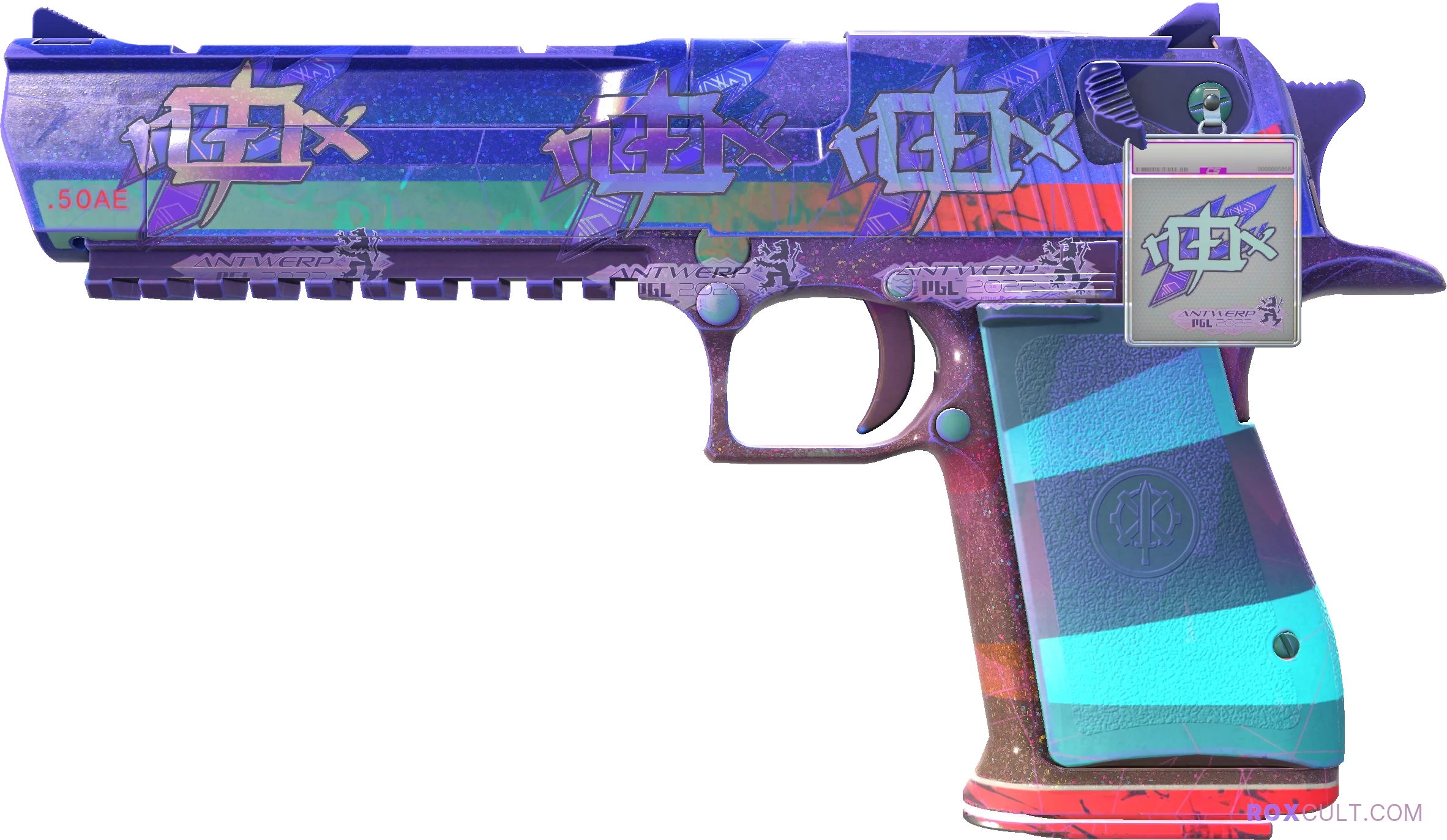 Desert Eagle | Starcade (Factory New) — rox (Holo) Antwerp 2022 craft, playside view with 3 rox (Holo) stickers