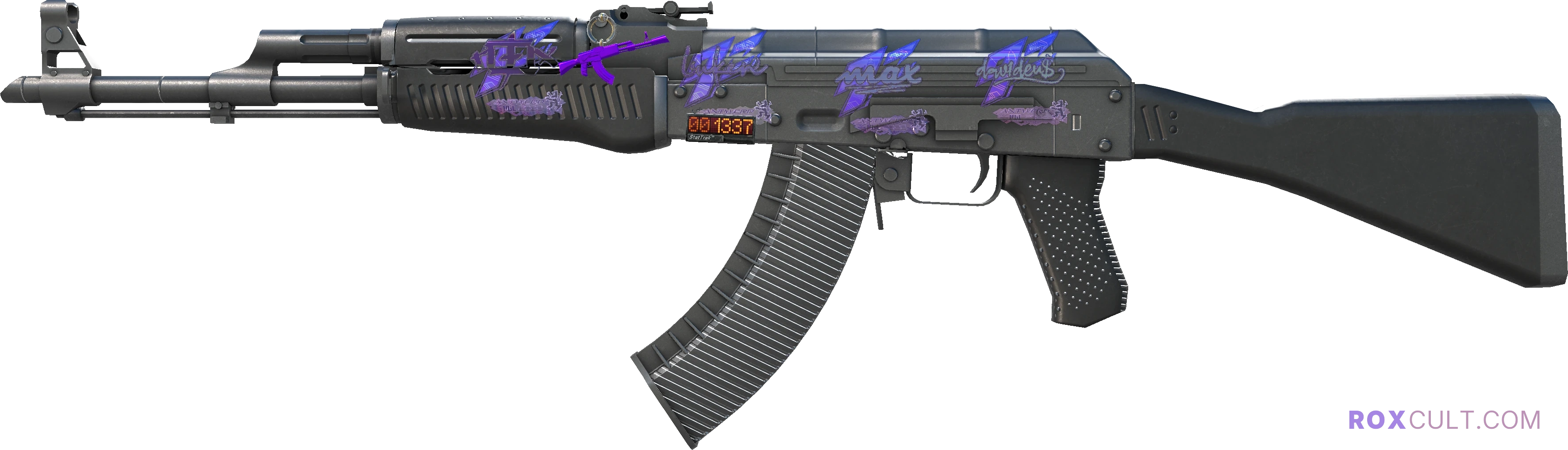 StatTrak™ AK-47 | Slate (Factory New) — rox (Holo) Antwerp 2022 craft, playside view with 1 rox (Holo) sticker