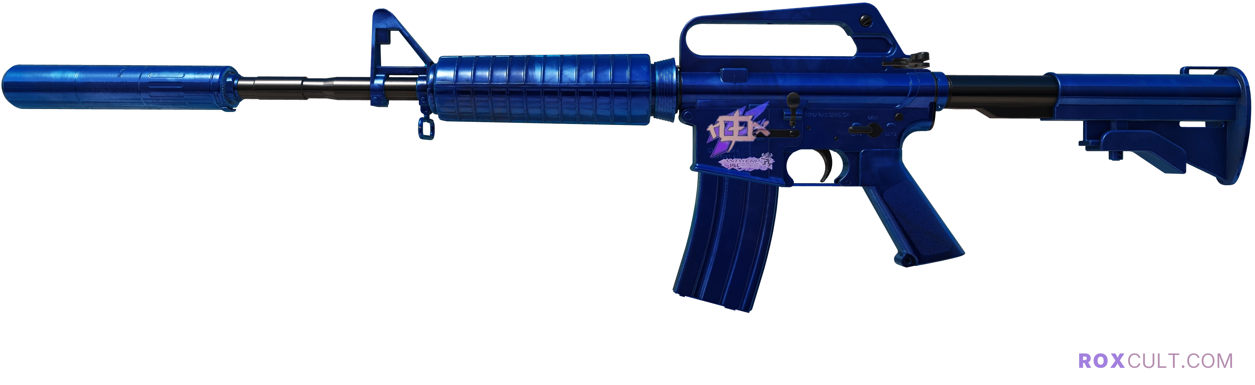 M4A1-S | Blue Phosphor (Factory New) — rox (Holo) Antwerp 2022 craft, playside view with 1 rox (Holo) sticker