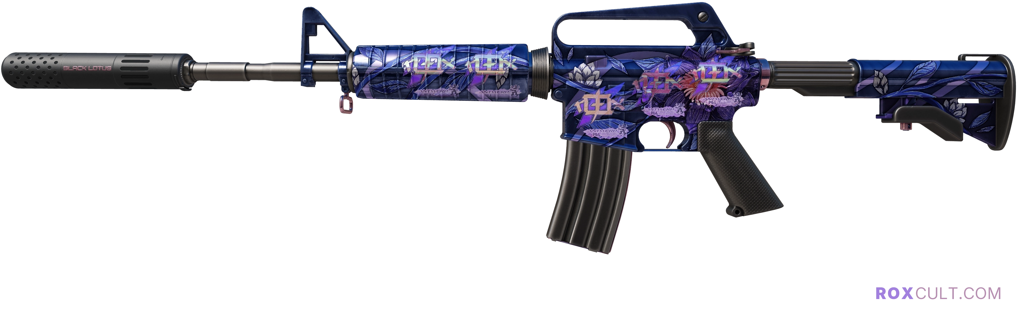 M4A1-S | Black Lotus (Factory New) — rox (Holo) Antwerp 2022 craft, playside view with 5 rox (Holo) stickers