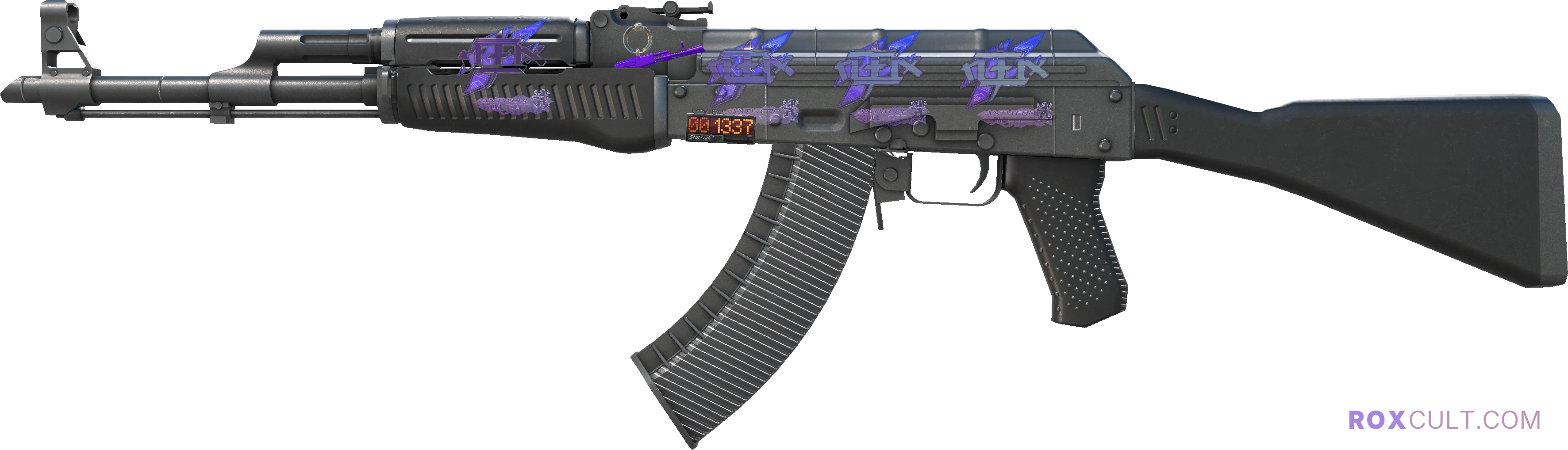 StatTrak™ AK-47 | Slate (Factory New) — rox (Holo) Antwerp 2022 craft, playside view with 4 rox (Holo) stickers
