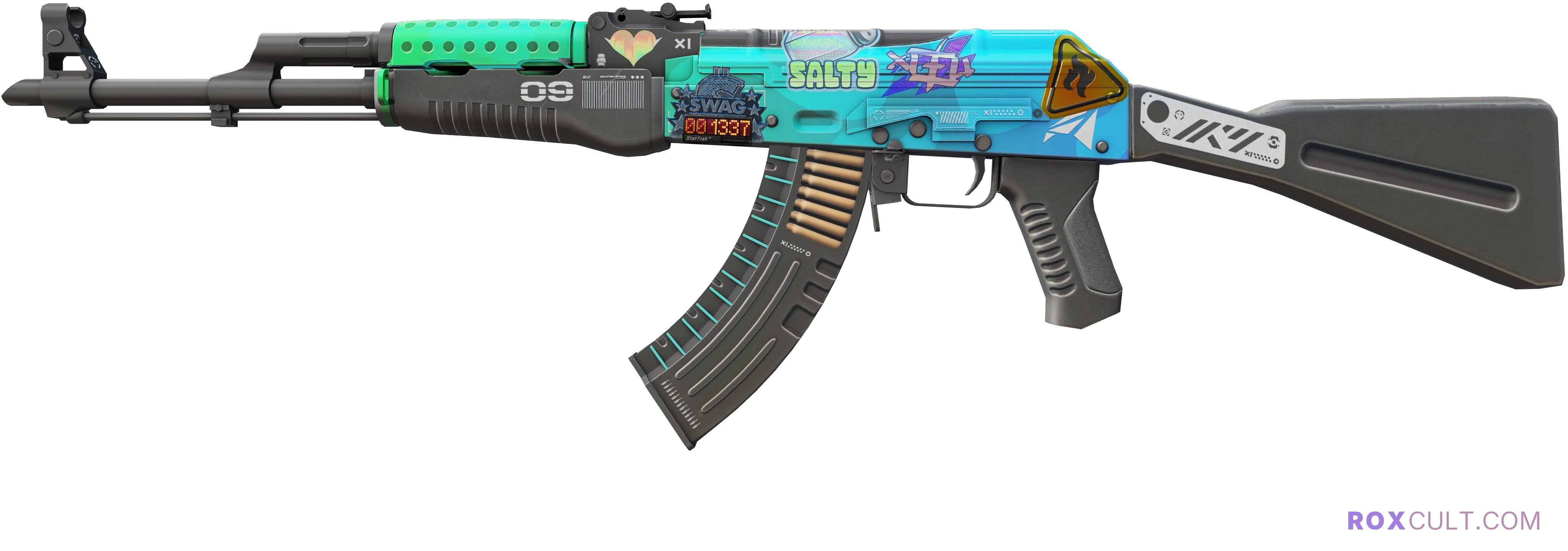 StatTrak™ AK-47 | Ice Coaled (Factory New) — rox (Holo) Antwerp 2022 craft, playside view with 1 rox (Holo) sticker