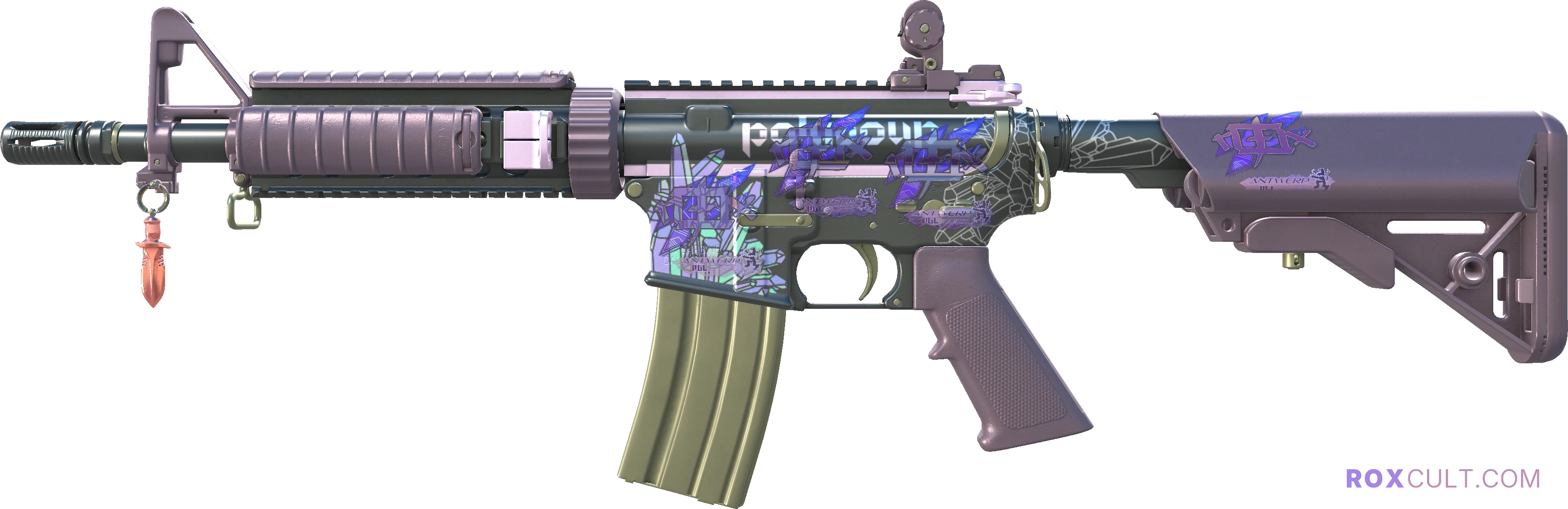 M4A4 | Polysoup (Factory New) — rox (Holo) Antwerp 2022 craft, playside view with 4 rox (Holo) stickers