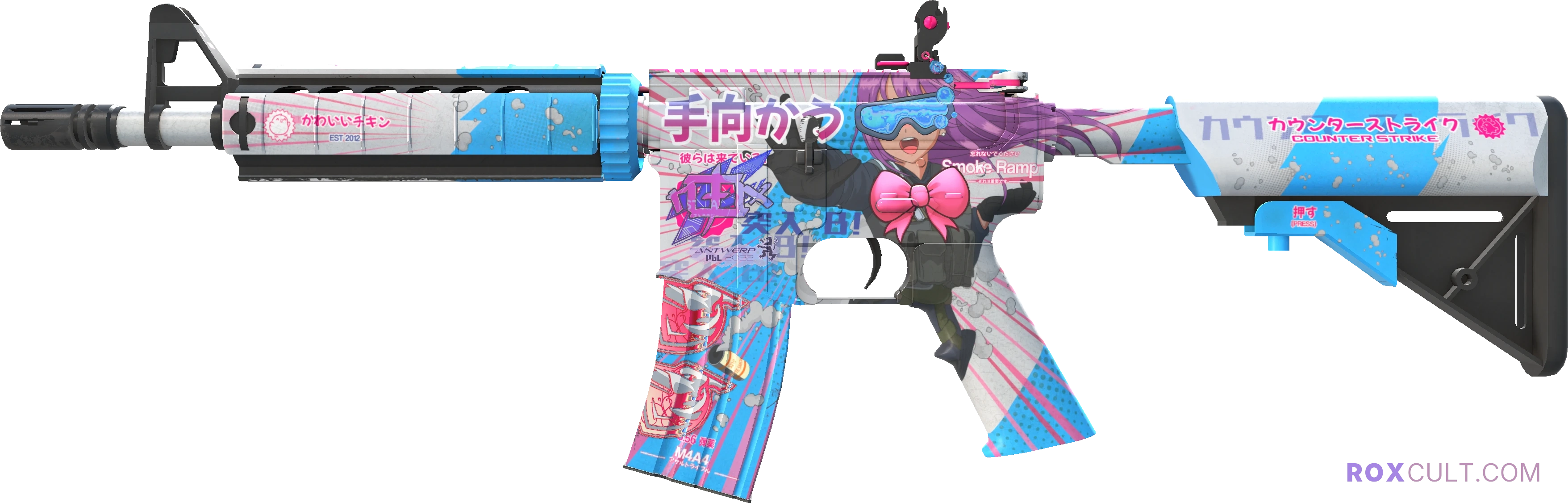 M4A4 | Temukau (Minimal Wear) — rox (Holo) Antwerp 2022 craft, playside view with 1 rox (Holo) sticker