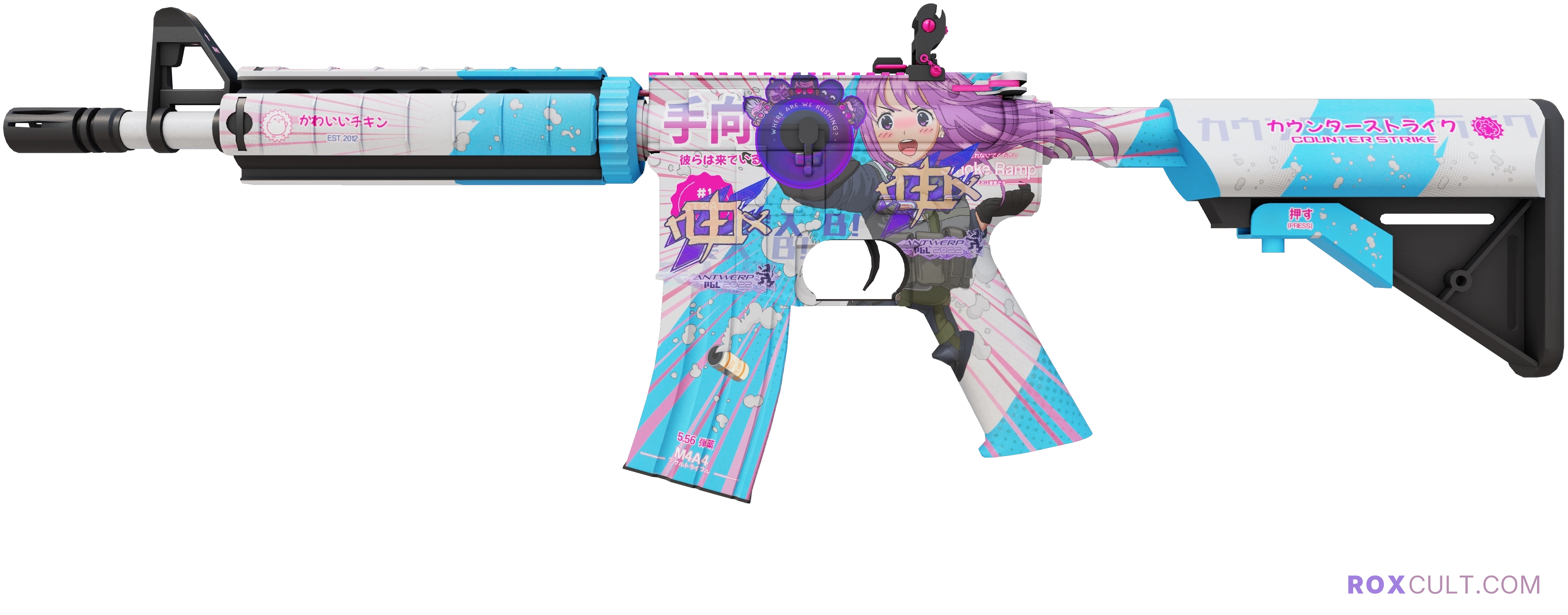 M4A4 | Temukau (Factory New) — rox (Holo) Antwerp 2022 craft, playside view with 2 rox (Holo) stickers