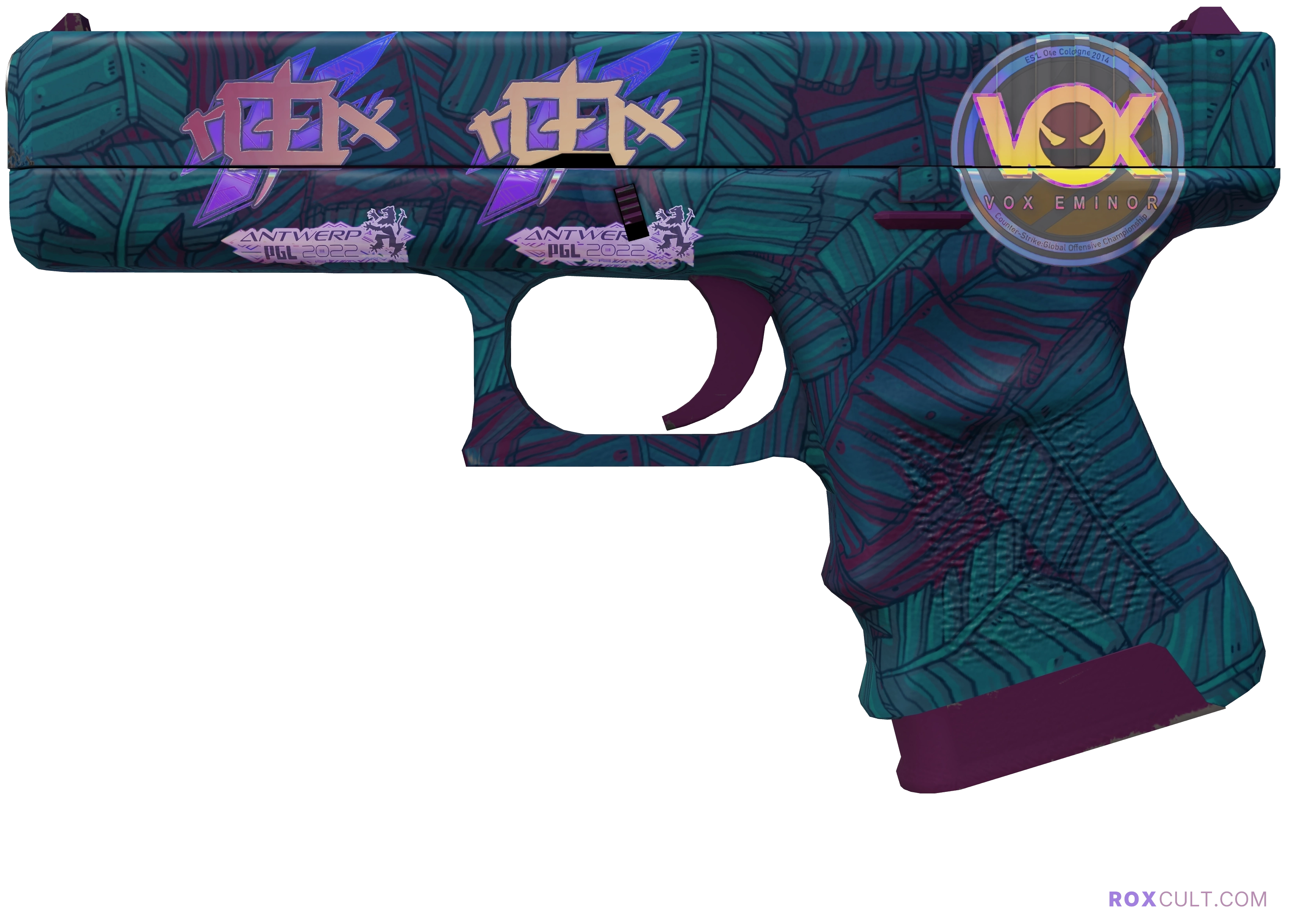 Glock-18 | Synth Leaf (Factory New) — rox (Holo) Antwerp 2022 craft, playside view with 2 rox (Holo) stickers