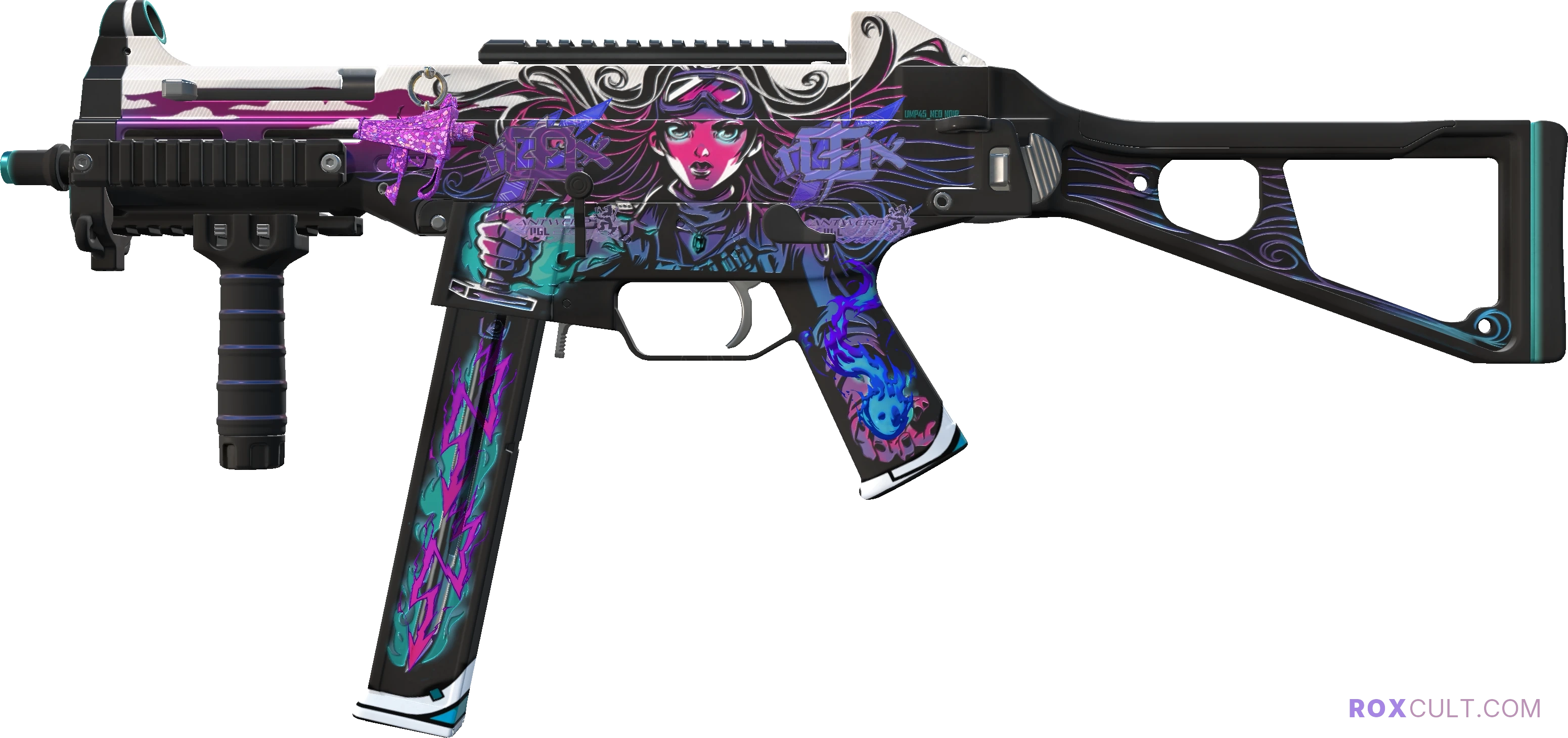UMP-45 | Neo-Noir (Factory New) — rox (Holo) Antwerp 2022 craft, playside view with 2 rox (Holo) stickers