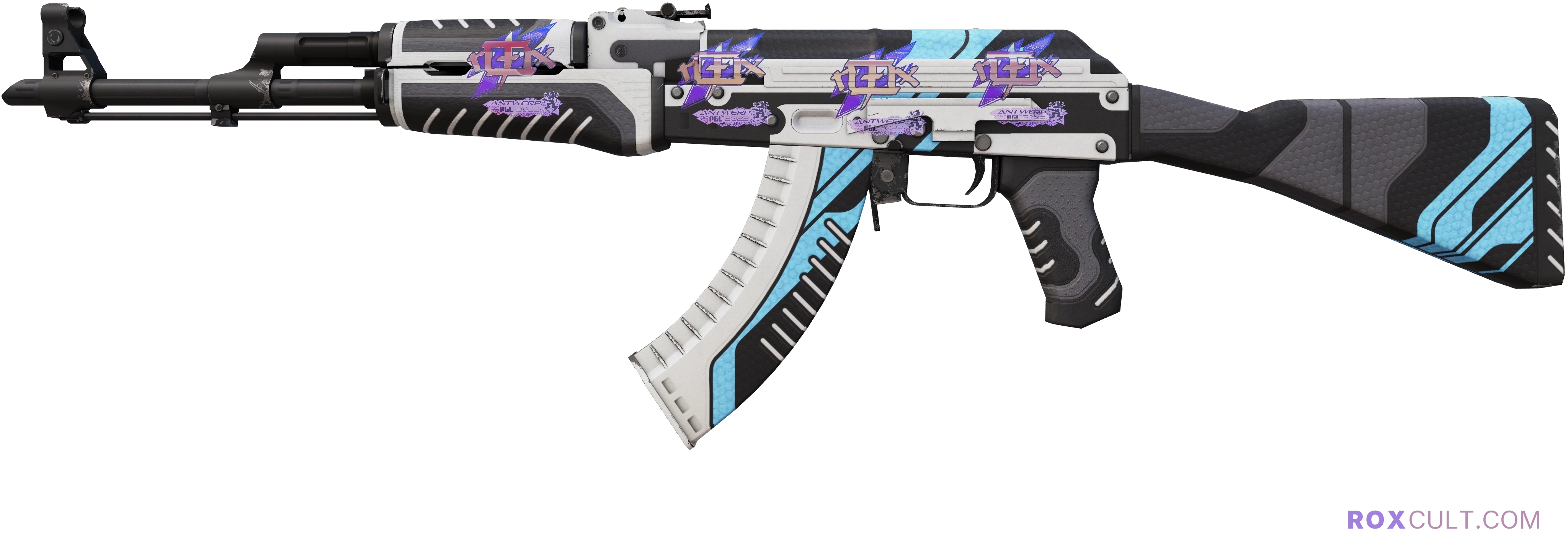 AK-47 | Vulcan (Factory New) — rox (Holo) Antwerp 2022 craft, playside view with 4 rox (Holo) stickers