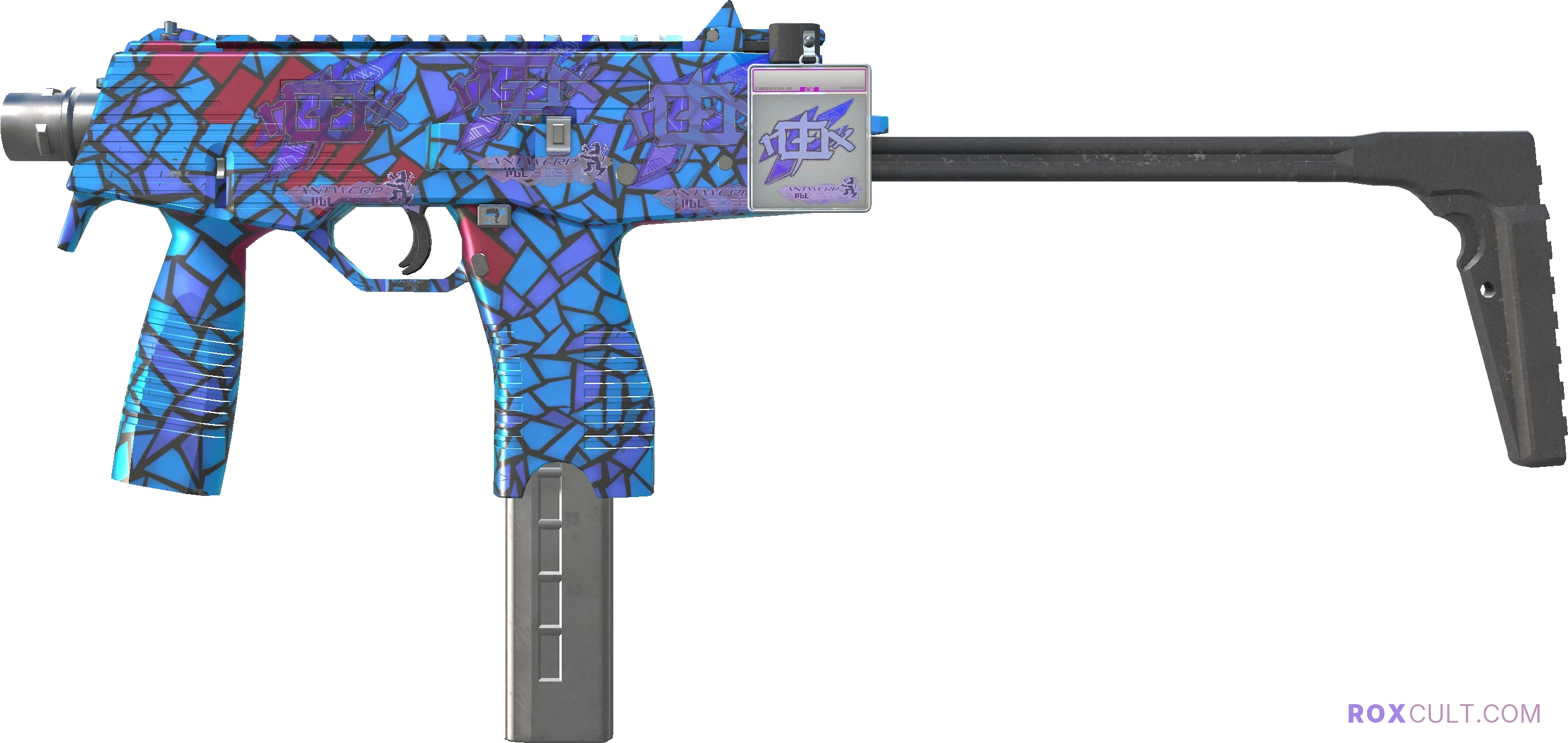 MP9 | Stained Glass (Factory New) — rox (Holo) Antwerp 2022 craft, playside view with 3 rox (Holo) stickers
