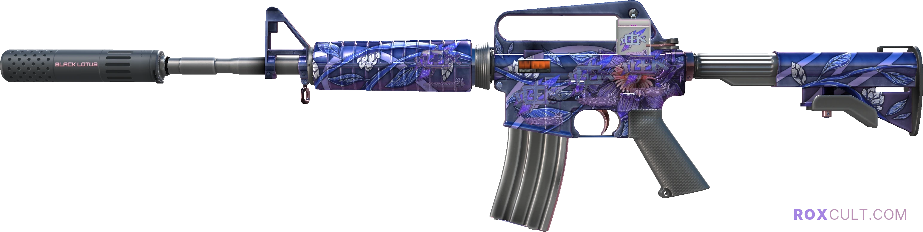StatTrak™ M4A1-S | Black Lotus (Factory New) — rox (Holo) Antwerp 2022 craft, playside view with 4 rox (Holo) stickers