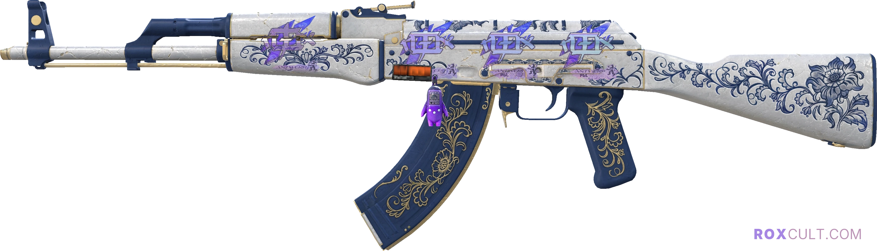 StatTrak™ AK-47 | Inheritance (Minimal Wear) — rox (Holo) Antwerp 2022 craft, playside view with 4 rox (Holo) stickers