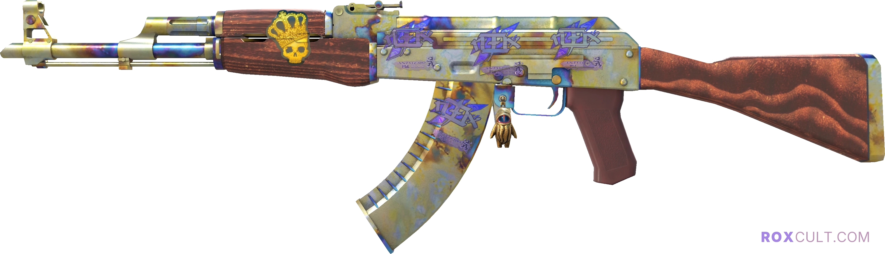 AK-47 | Case Hardened (Minimal Wear) — rox (Holo) Antwerp 2022 craft, playside view with 4 rox (Holo) stickers