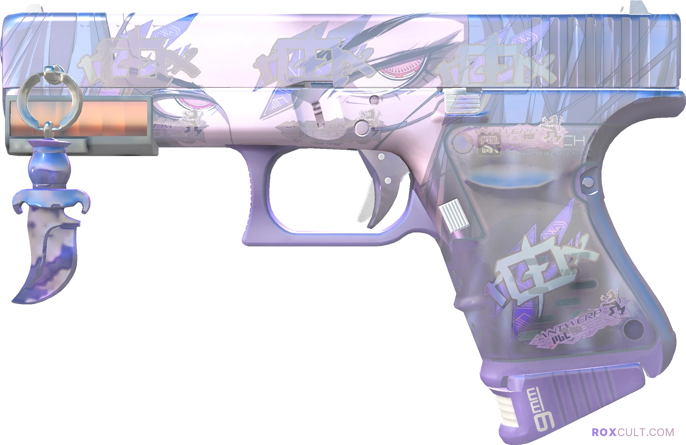 StatTrak™ Glock-18 | Shinobu (Factory New) — rox (Holo) Antwerp 2022 craft, playside view with 4 rox (Holo) stickers