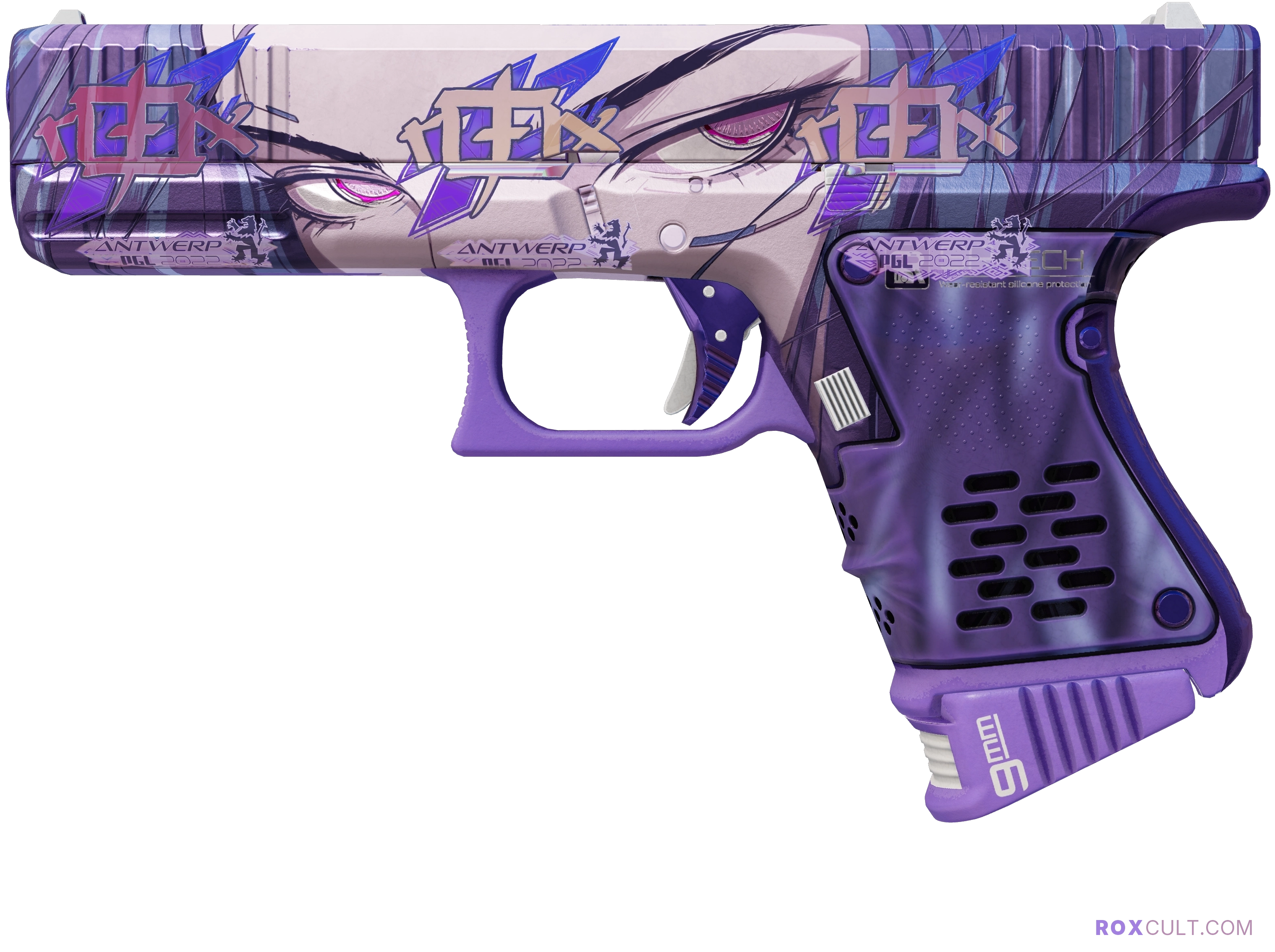 Glock-18 | Shinobu (Factory New) — rox (Holo) Antwerp 2022 craft, playside view with 3 rox (Holo) stickers