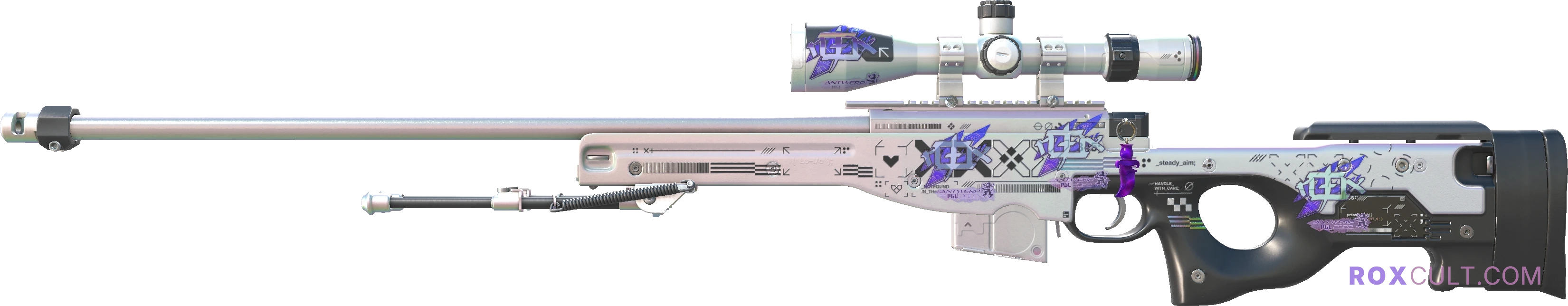 AWP | Printstream (Factory New) — rox (Holo) Antwerp 2022 craft, playside view with 4 rox (Holo) stickers