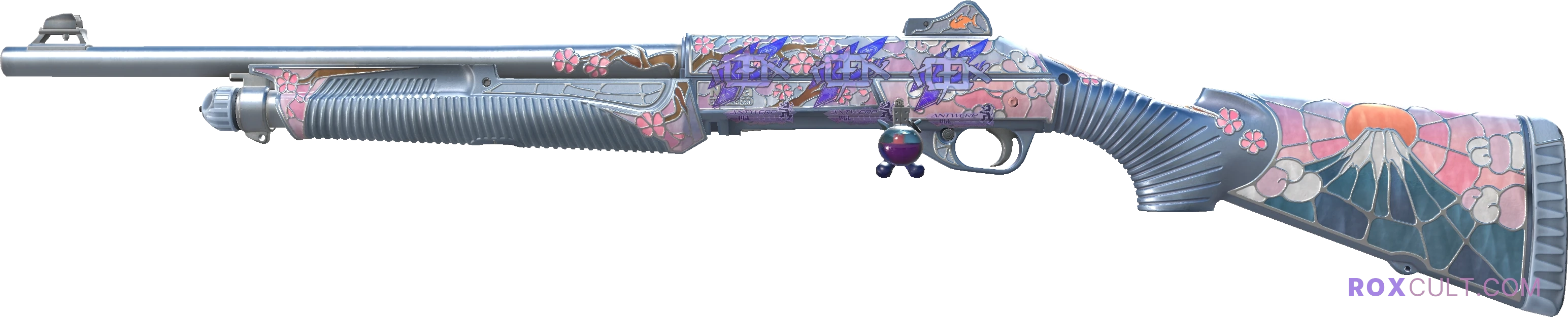 Nova | Rising Sun (Factory New) — rox (Holo) Antwerp 2022 craft, playside view with 3 rox (Holo) stickers