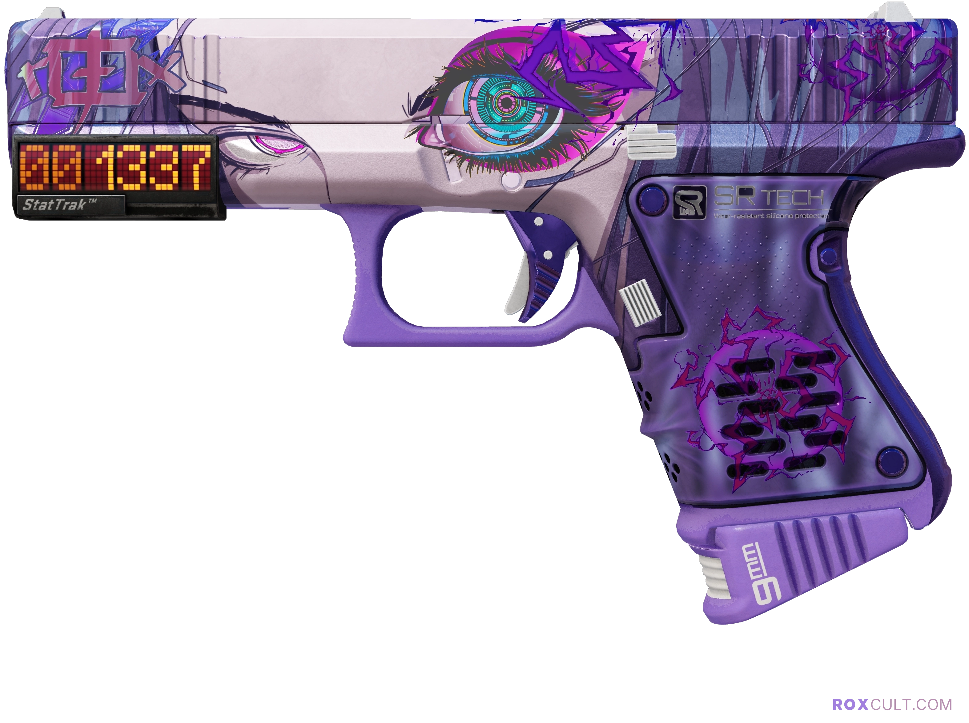 StatTrak™ Glock-18 | Shinobu (Factory New) — rox (Holo) Antwerp 2022 craft, playside view with 1 rox (Holo) sticker