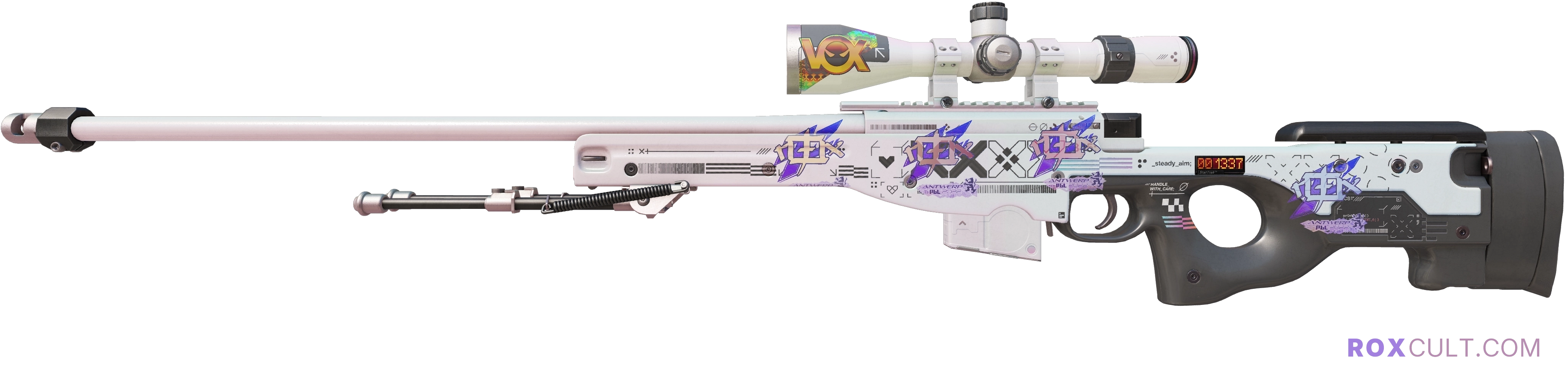 StatTrak™ AWP | Printstream (Factory New) — rox (Holo) Antwerp 2022 craft, playside view with 4 rox (Holo) stickers
