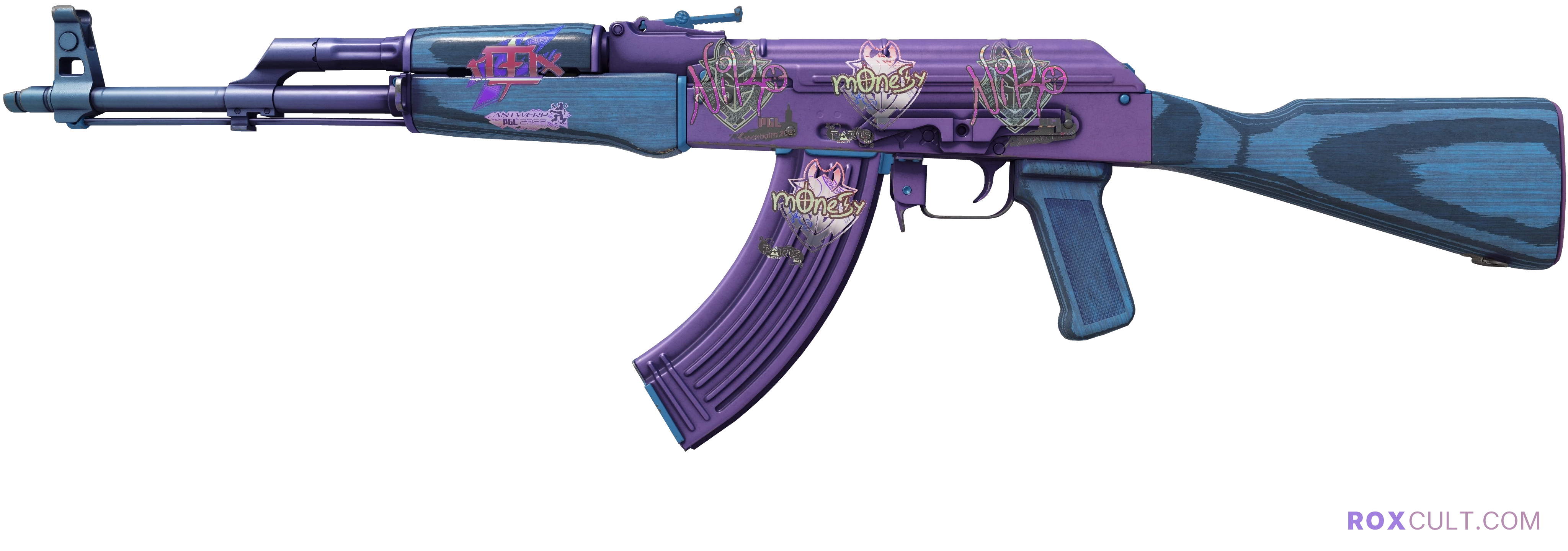 AK-47 | Midnight Laminate (Minimal Wear) — rox (Holo) Antwerp 2022 craft, playside view with 1 rox (Holo) sticker