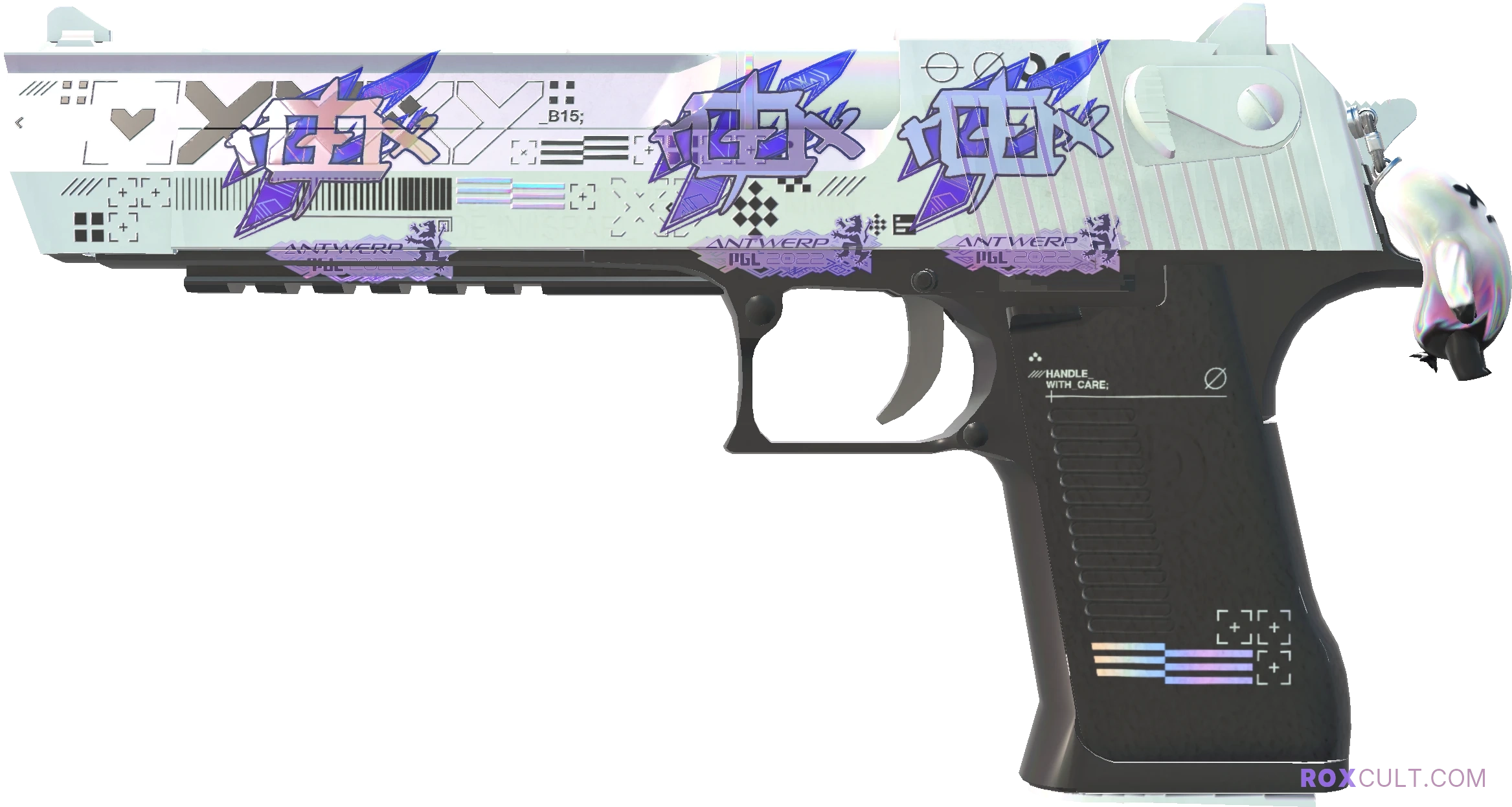 Desert Eagle | Printstream (Factory New) — rox (Holo) Antwerp 2022 craft, playside view with 3 rox (Holo) stickers