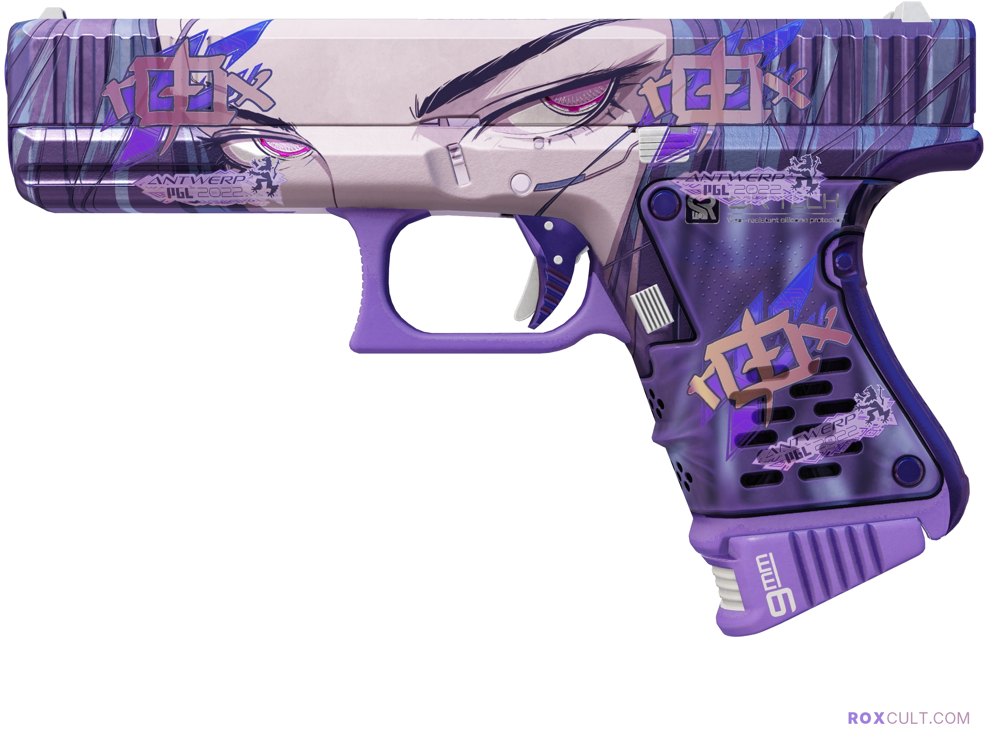 Glock-18 | Shinobu (Factory New) — rox (Holo) Antwerp 2022 craft, playside view with 3 rox (Holo) stickers