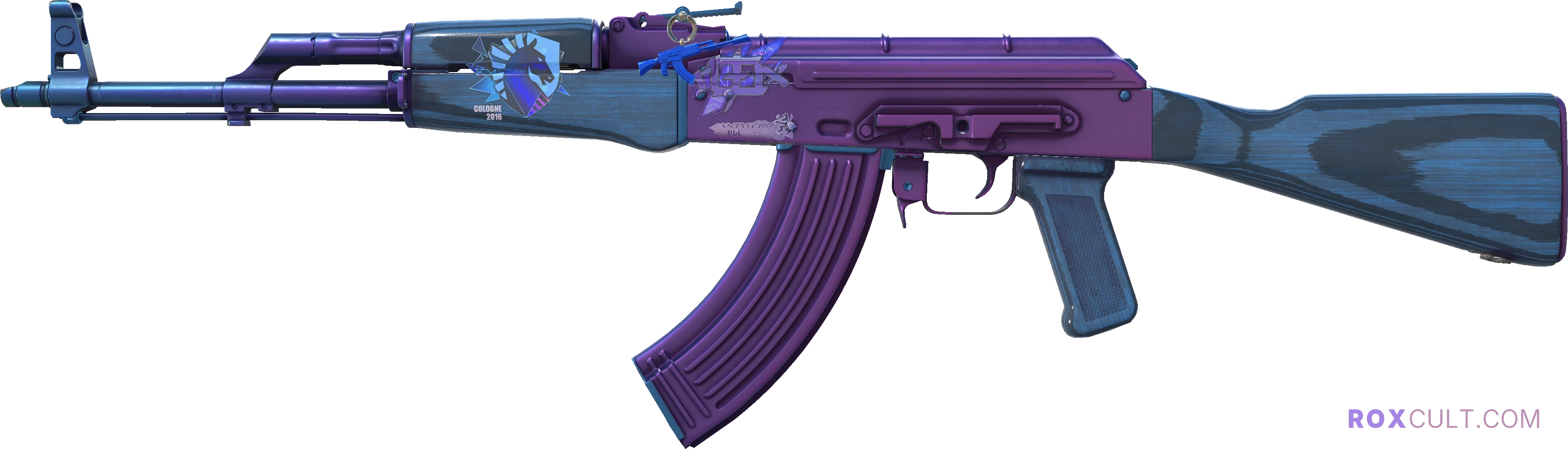 AK-47 | Midnight Laminate (Factory New) — rox (Holo) Antwerp 2022 craft, playside view with 1 rox (Holo) sticker